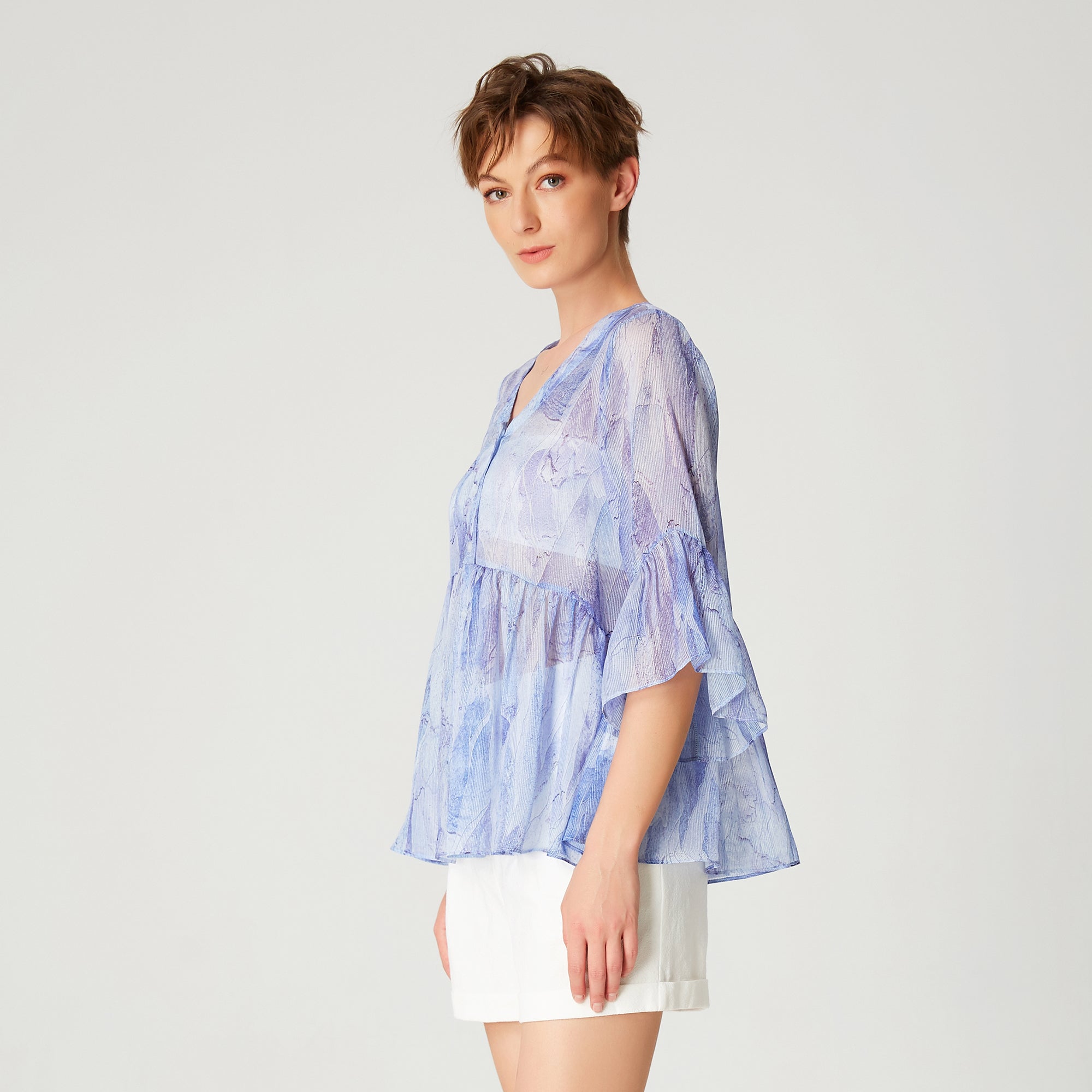 Chemise mousseline à manches-tulipe et imprimé abstrait