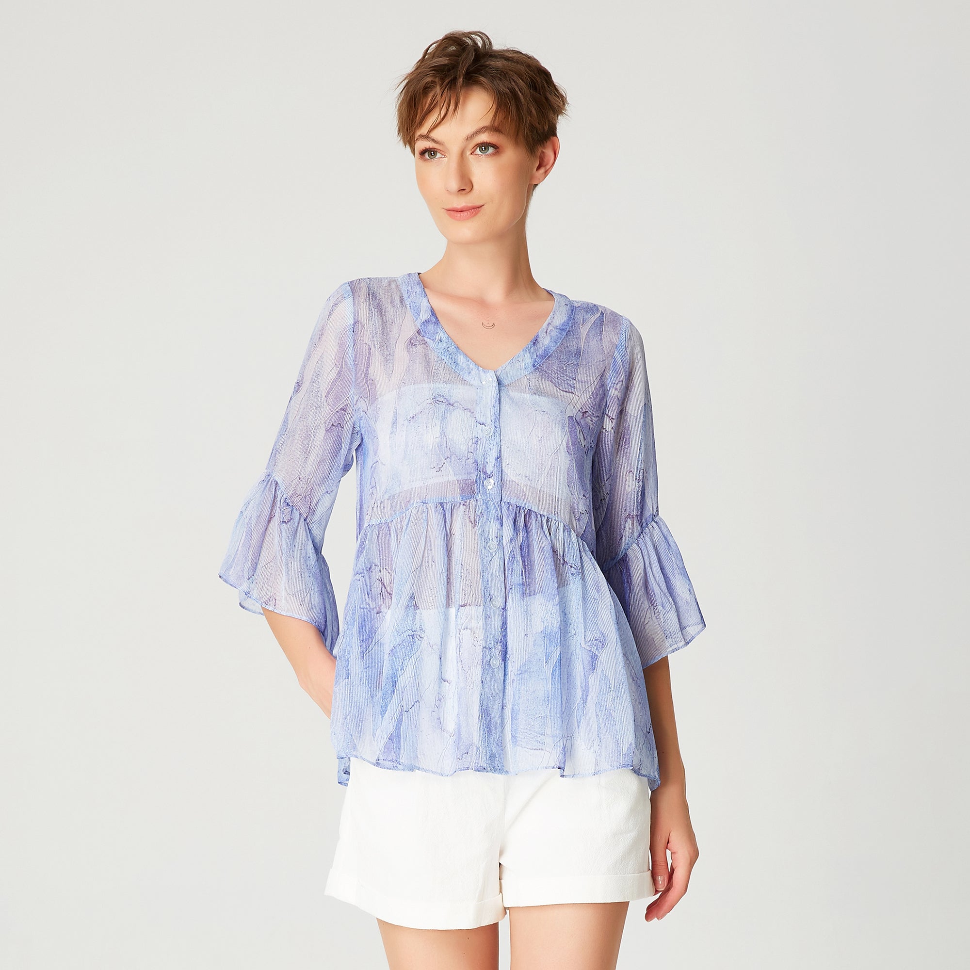 Chemise mousseline à manches-tulipe et imprimé abstrait