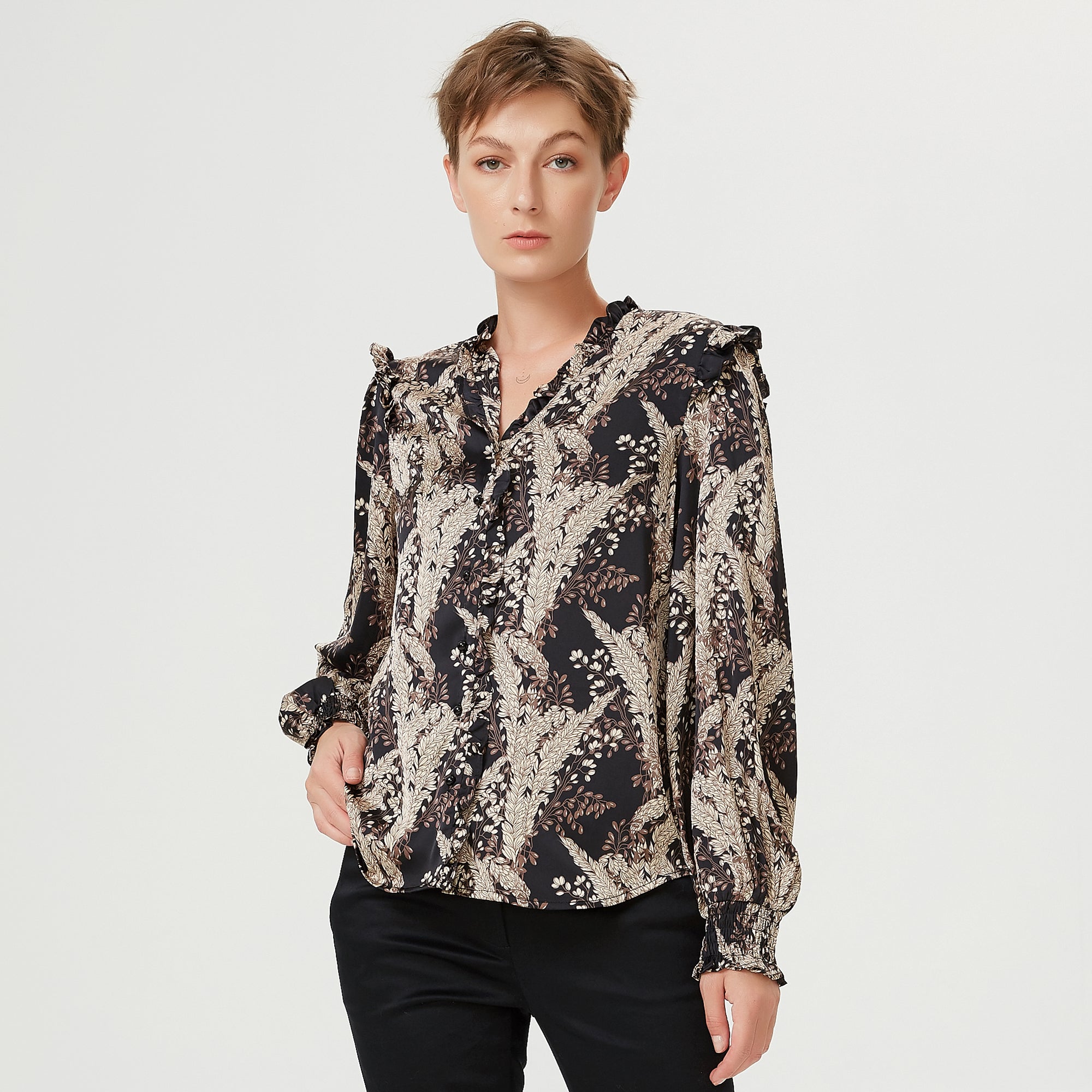 Blouse à col V et volants et imprimé vintage