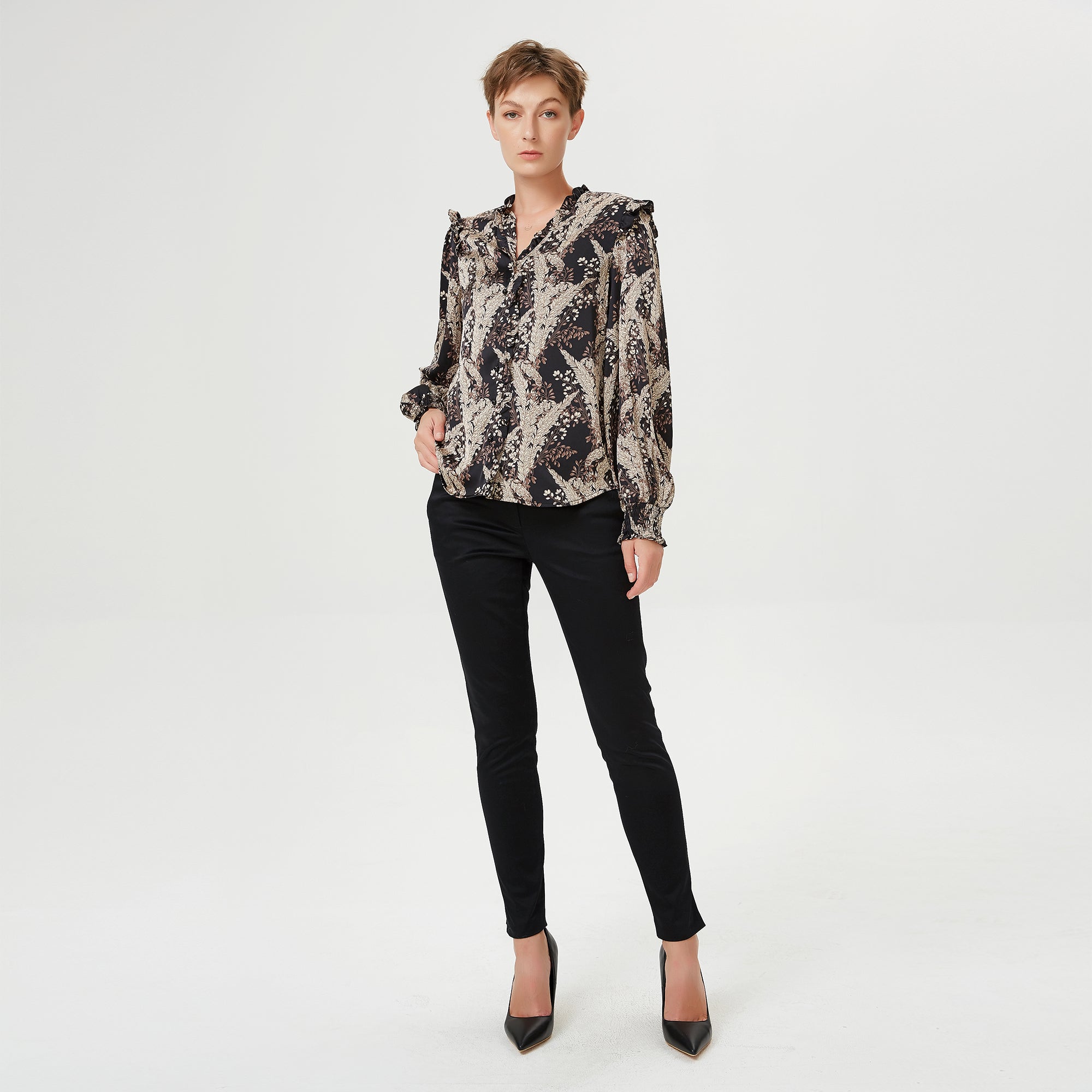Blouse à col V et volants et imprimé vintage