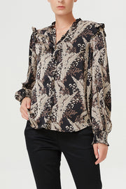 Blouse à col V et volants et imprimé vintage