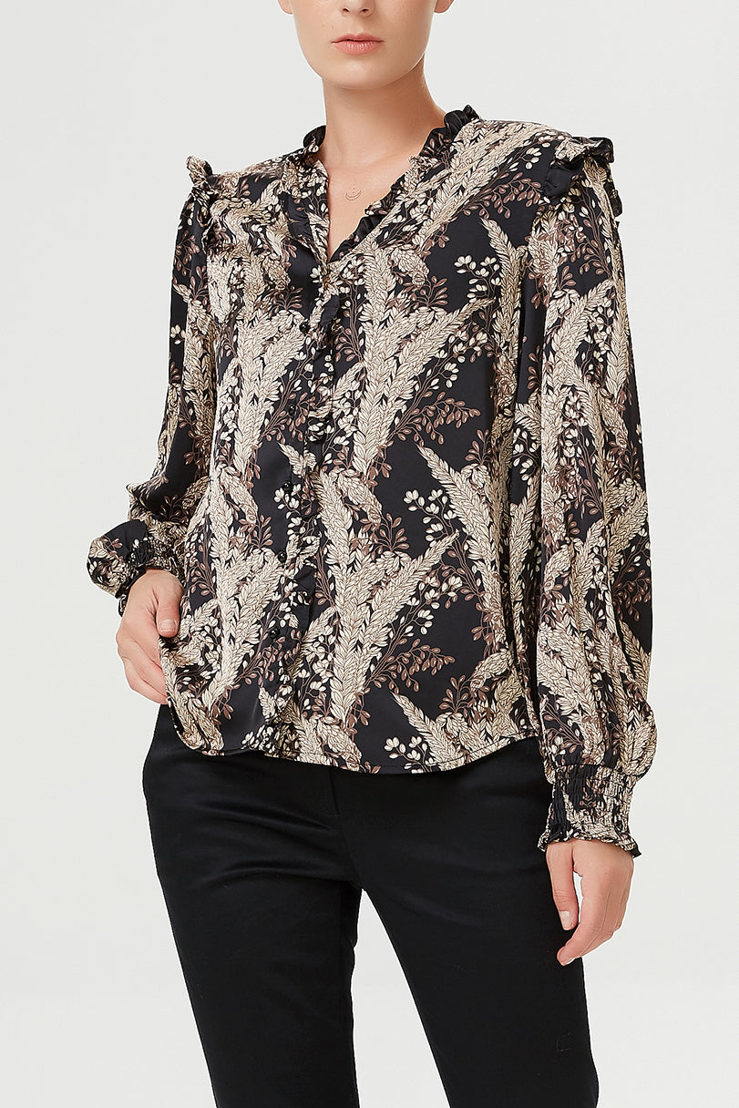 Blouse à col V et volants et imprimé vintage
