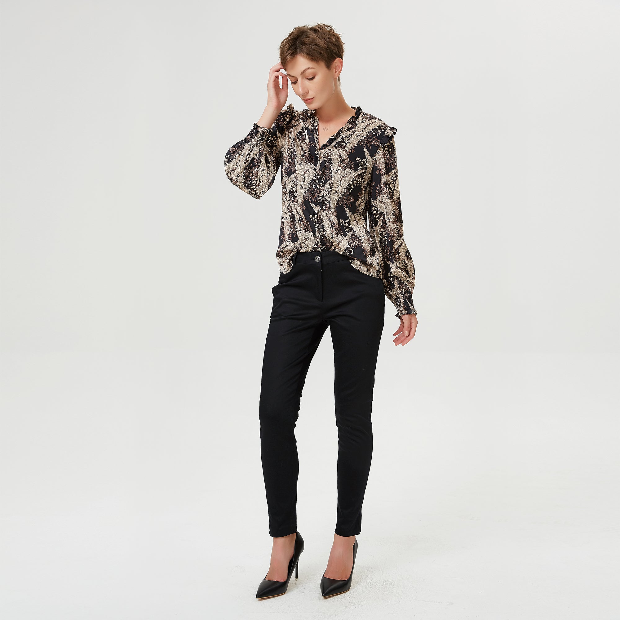 Blouse à col V et volants et imprimé vintage