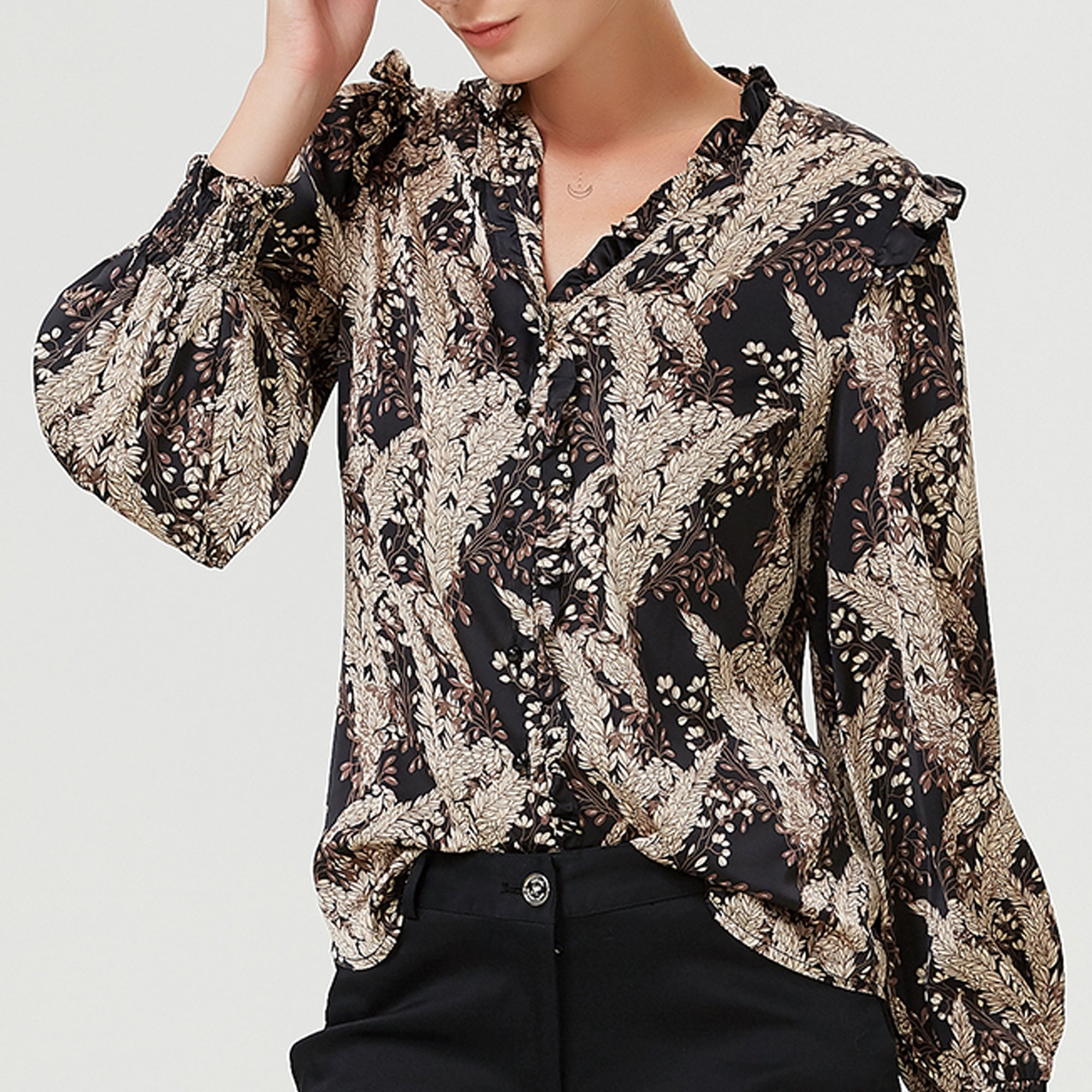 Blouse à col V et volants et imprimé vintage