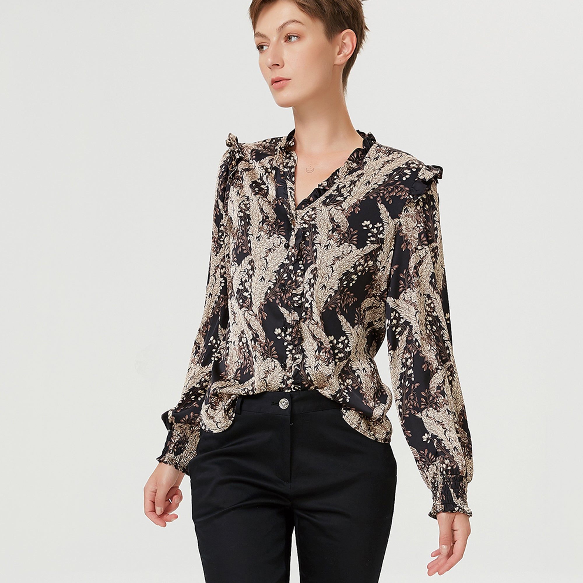 Blouse à col V et volants et imprimé vintage