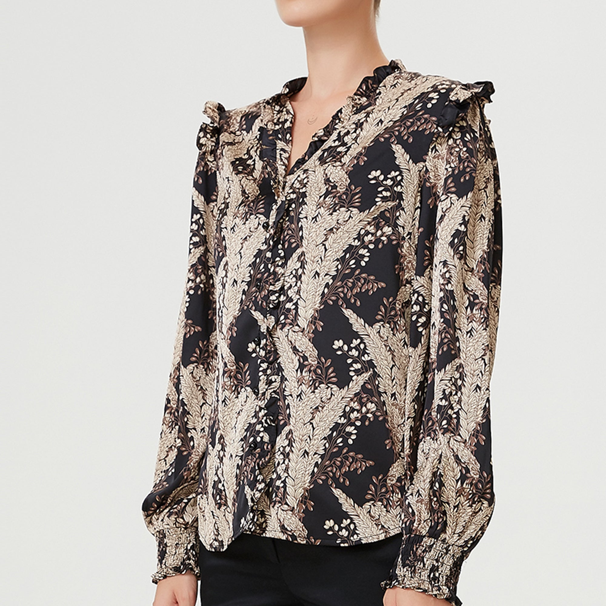 Blouse à col V et volants et imprimé vintage