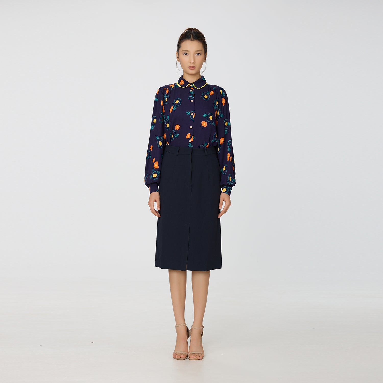 Chemise à imprimé fleuri abstrait et galon contrasté