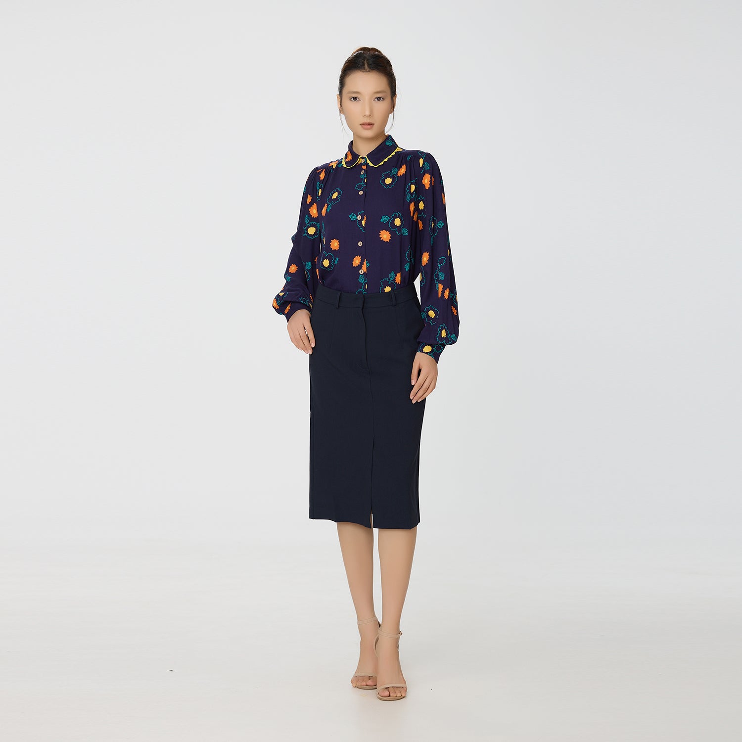 Chemise à imprimé fleuri abstrait et galon contrasté