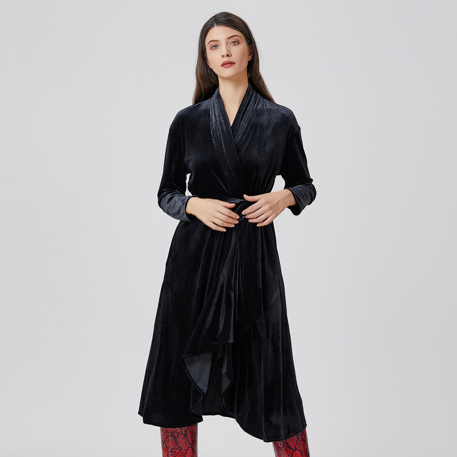Robe-peignoir en velours à ourlet volanté
