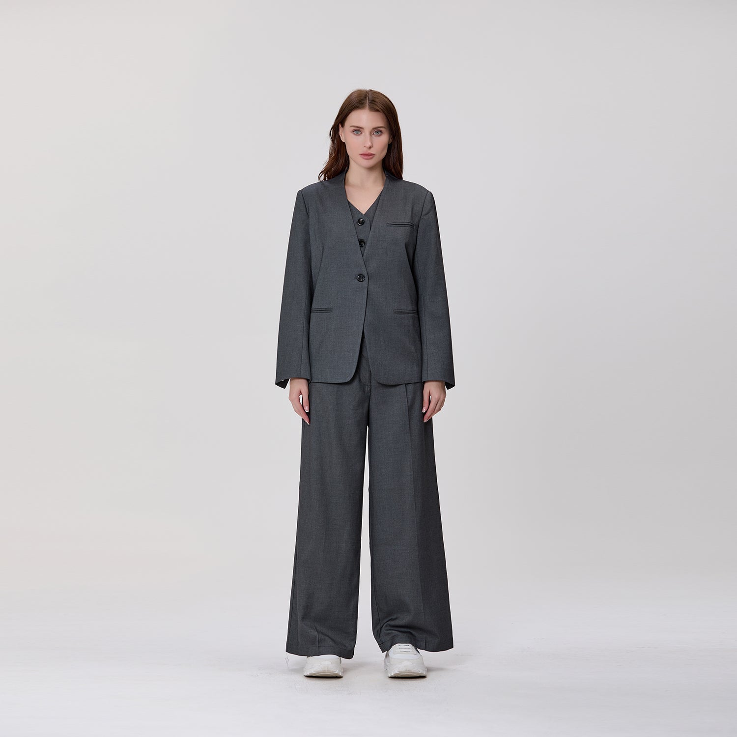 Veste tailleur à coupe droite sans col