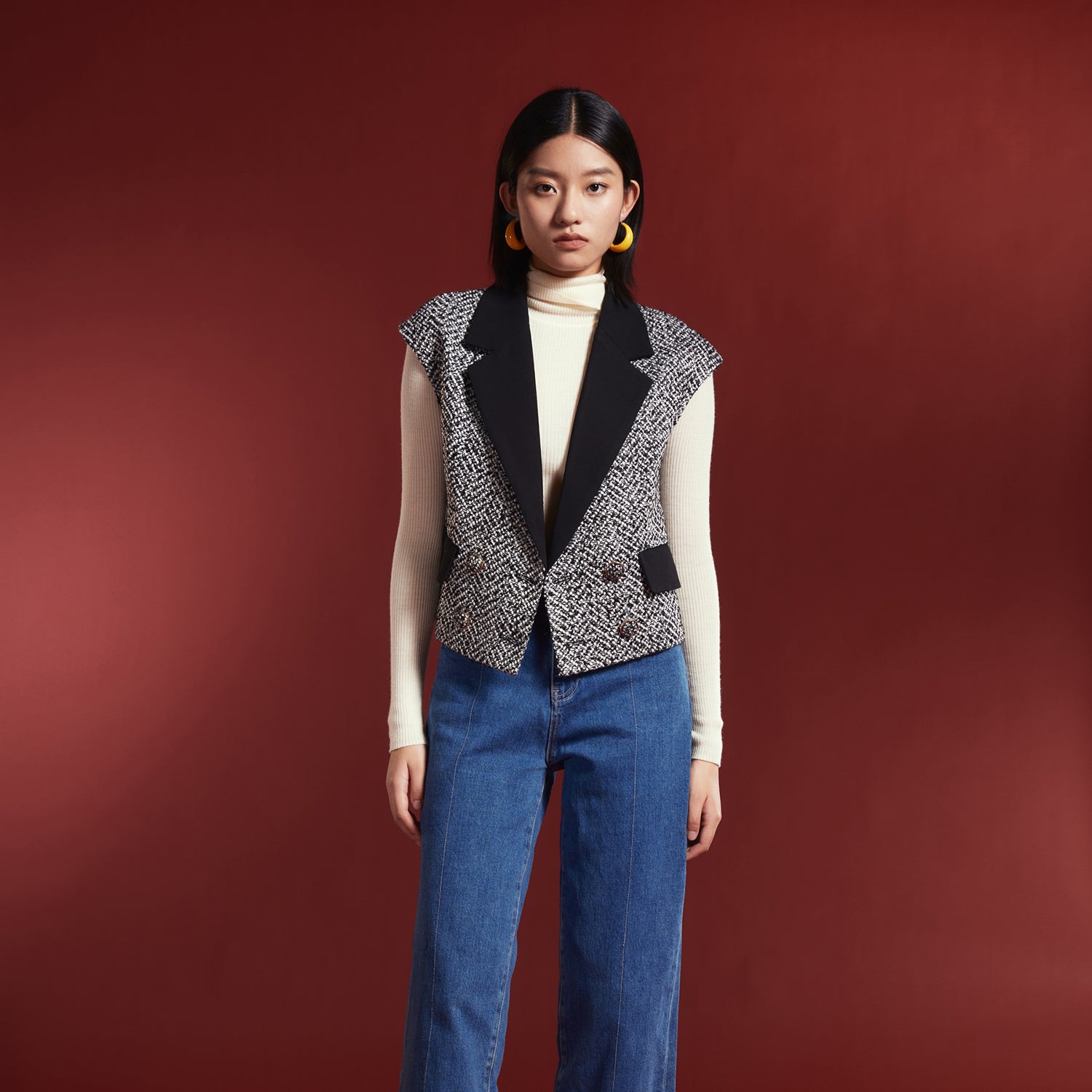Gilet tweed à col contrasté