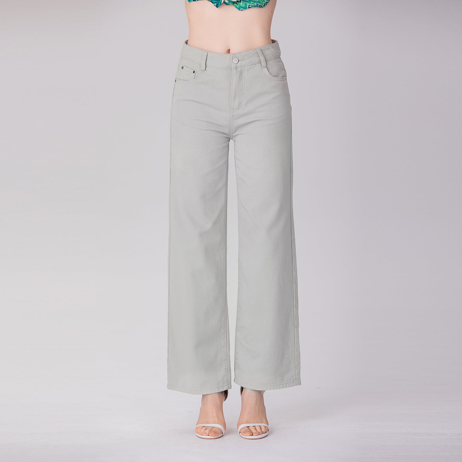 Pantalon droit taille haute en coton