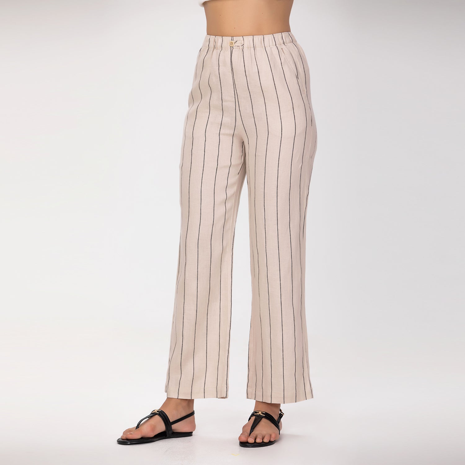 Pantalon droit en lin à rayures fines