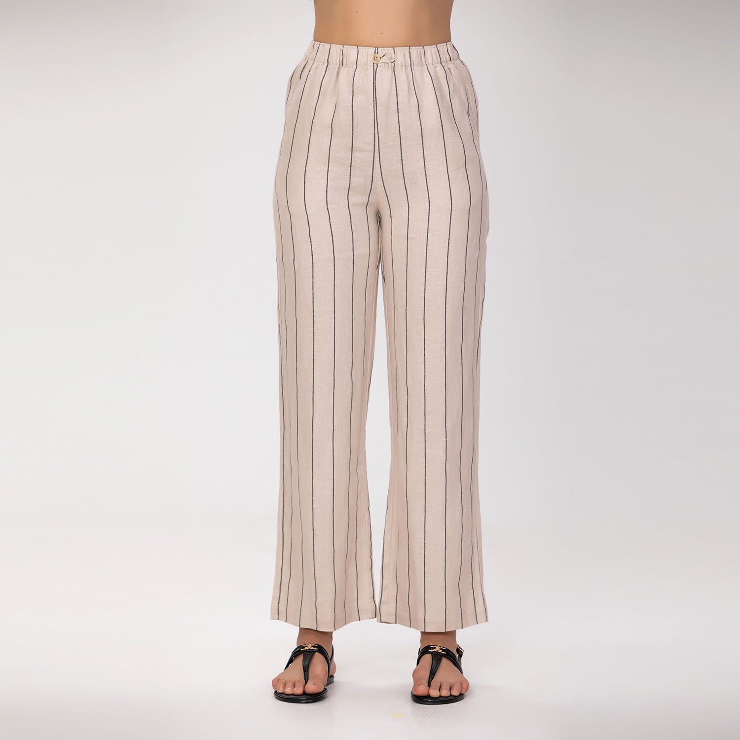 Pantalon droit en lin à rayures fines