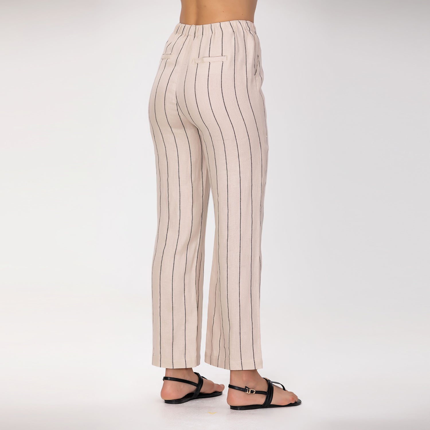 Pantalon droit en lin à rayures fines