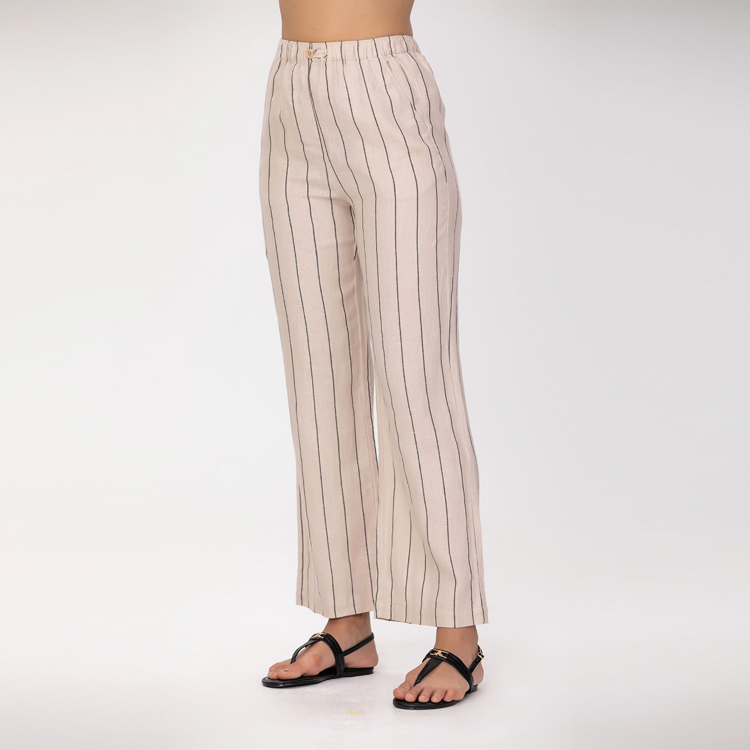 Pantalon droit en lin à rayures fines