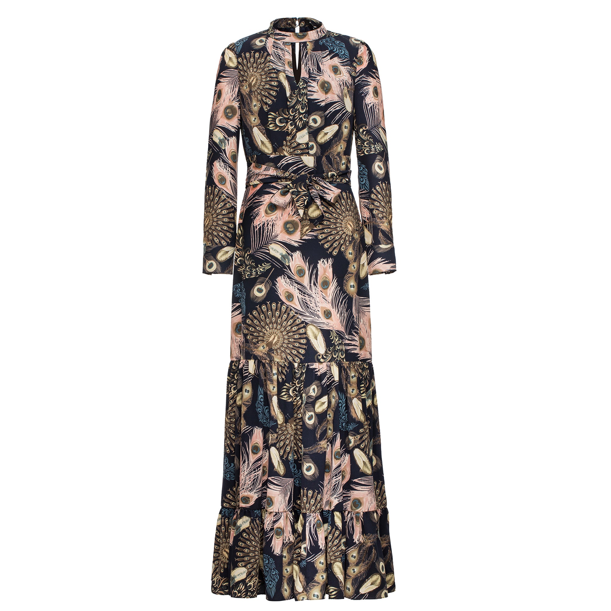 Robe longue style bohème à volants et imprimé plumes