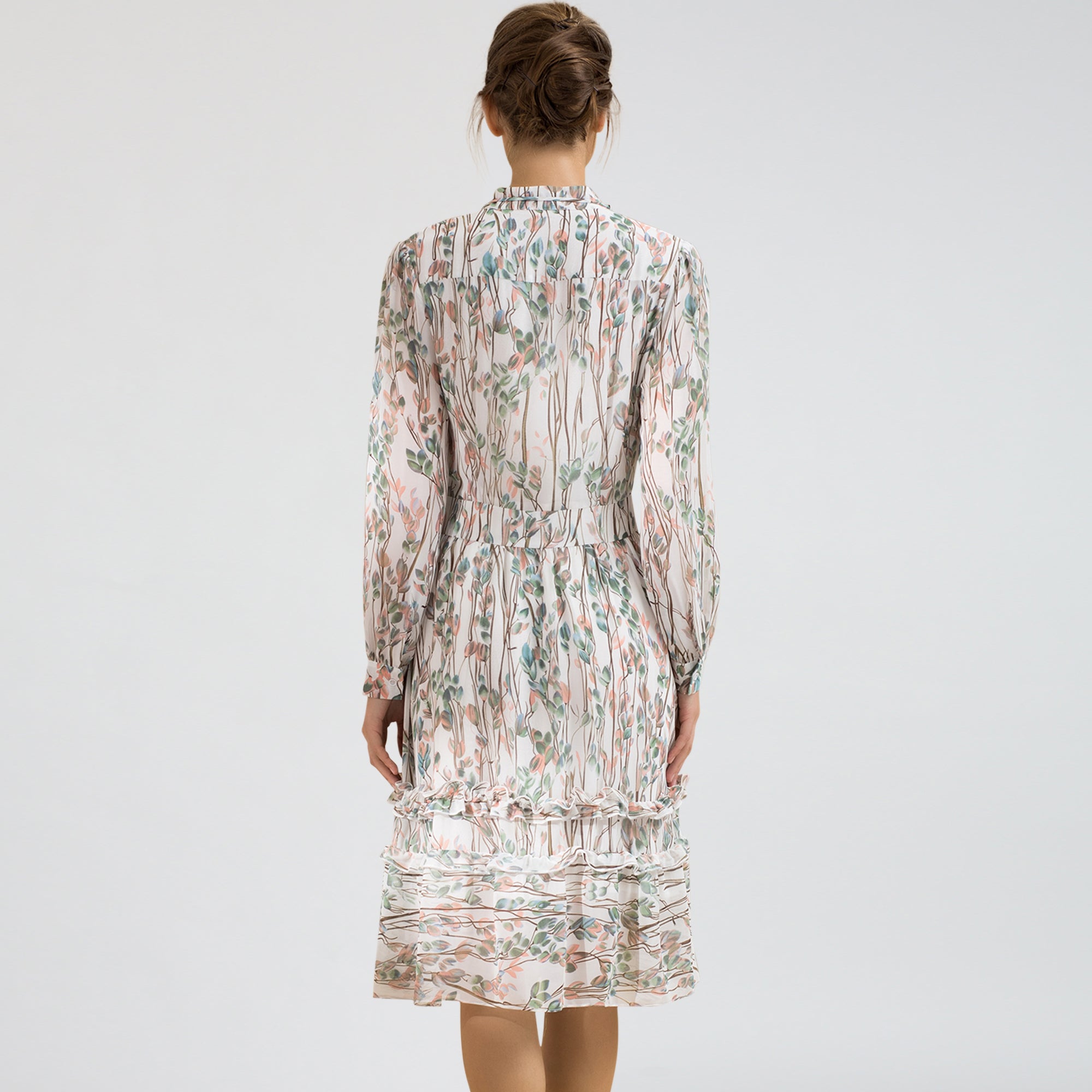 Robe-blouse évasée mi-longue imprimé feuille
