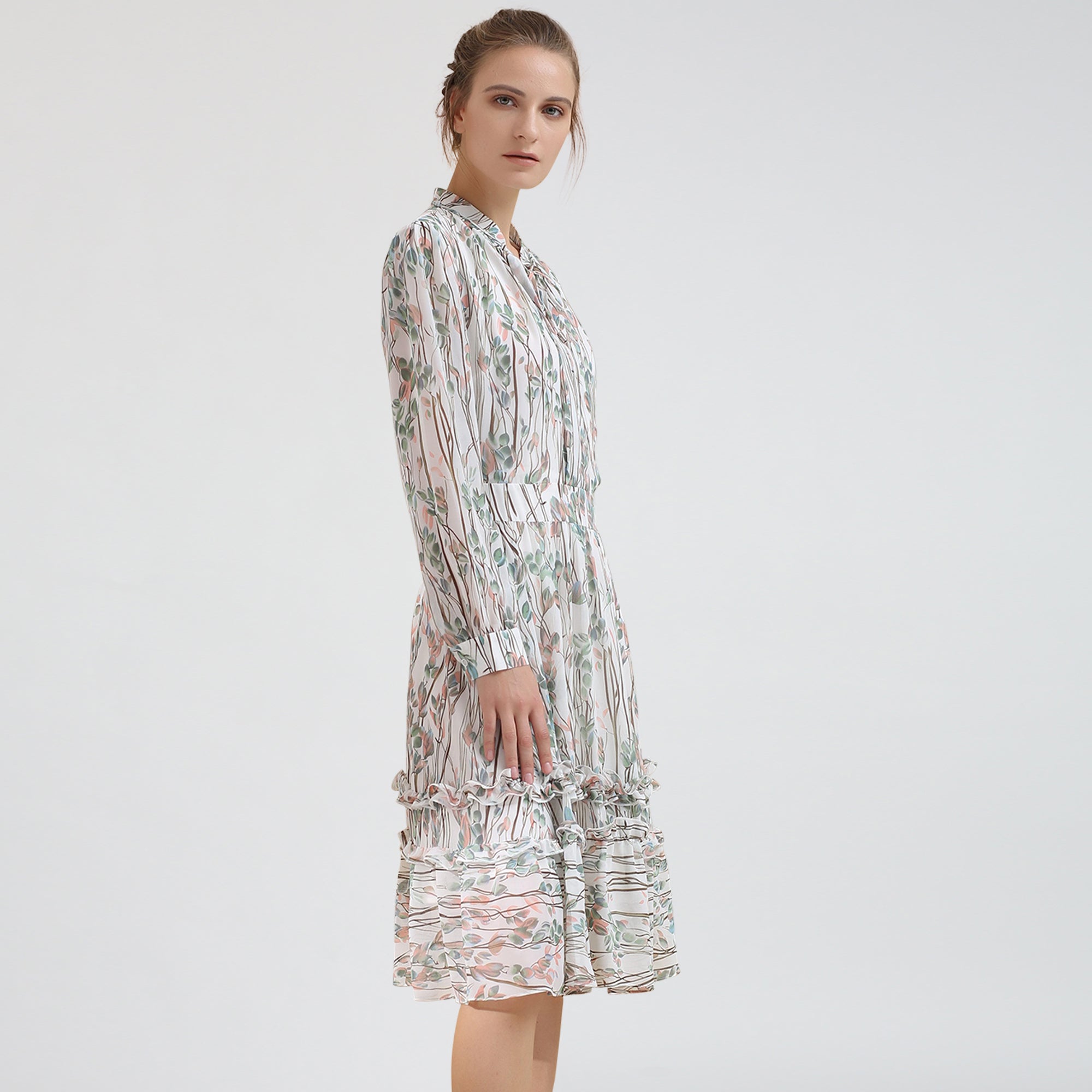 Robe-blouse évasée mi-longue imprimé feuille