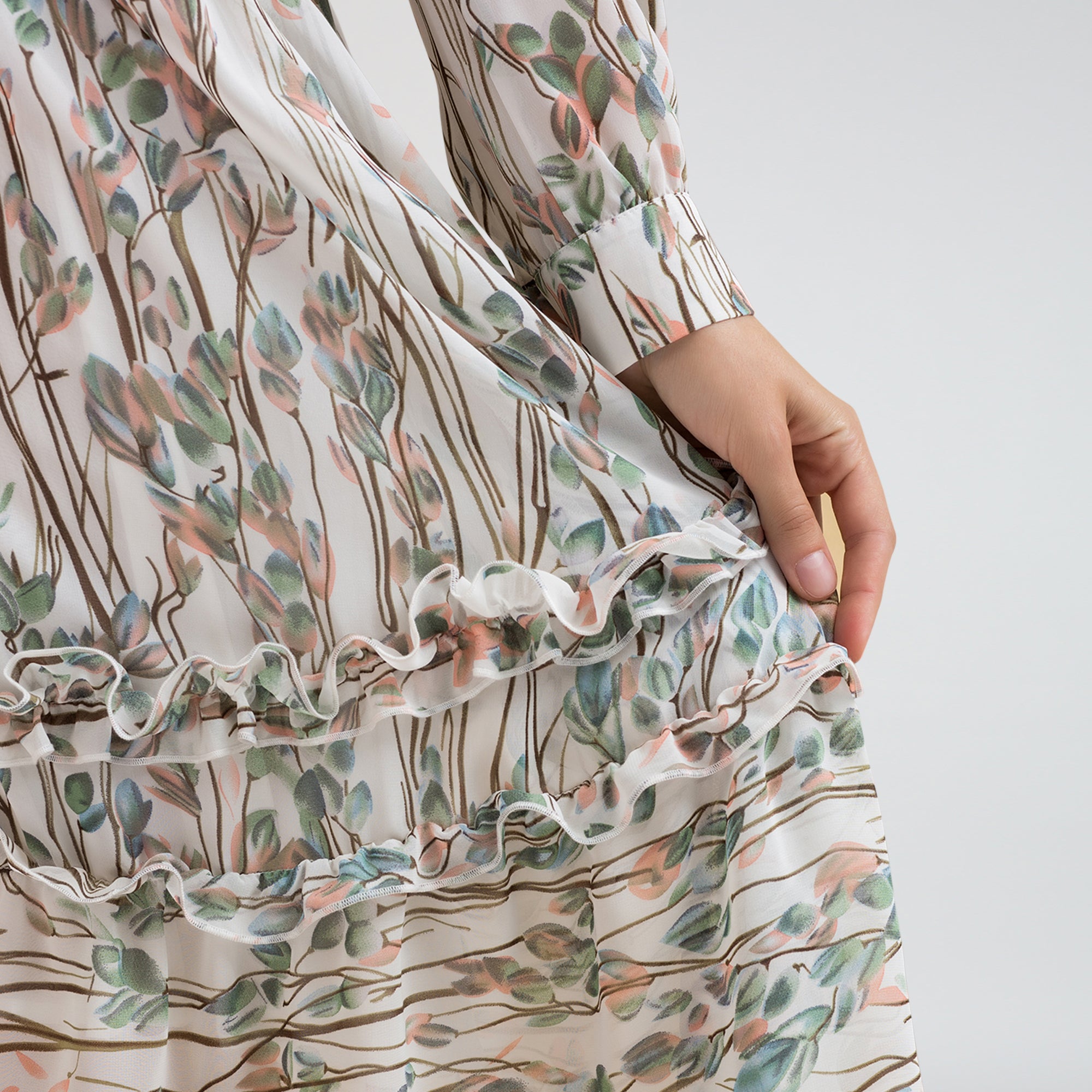 Robe-blouse évasée mi-longue imprimé feuille