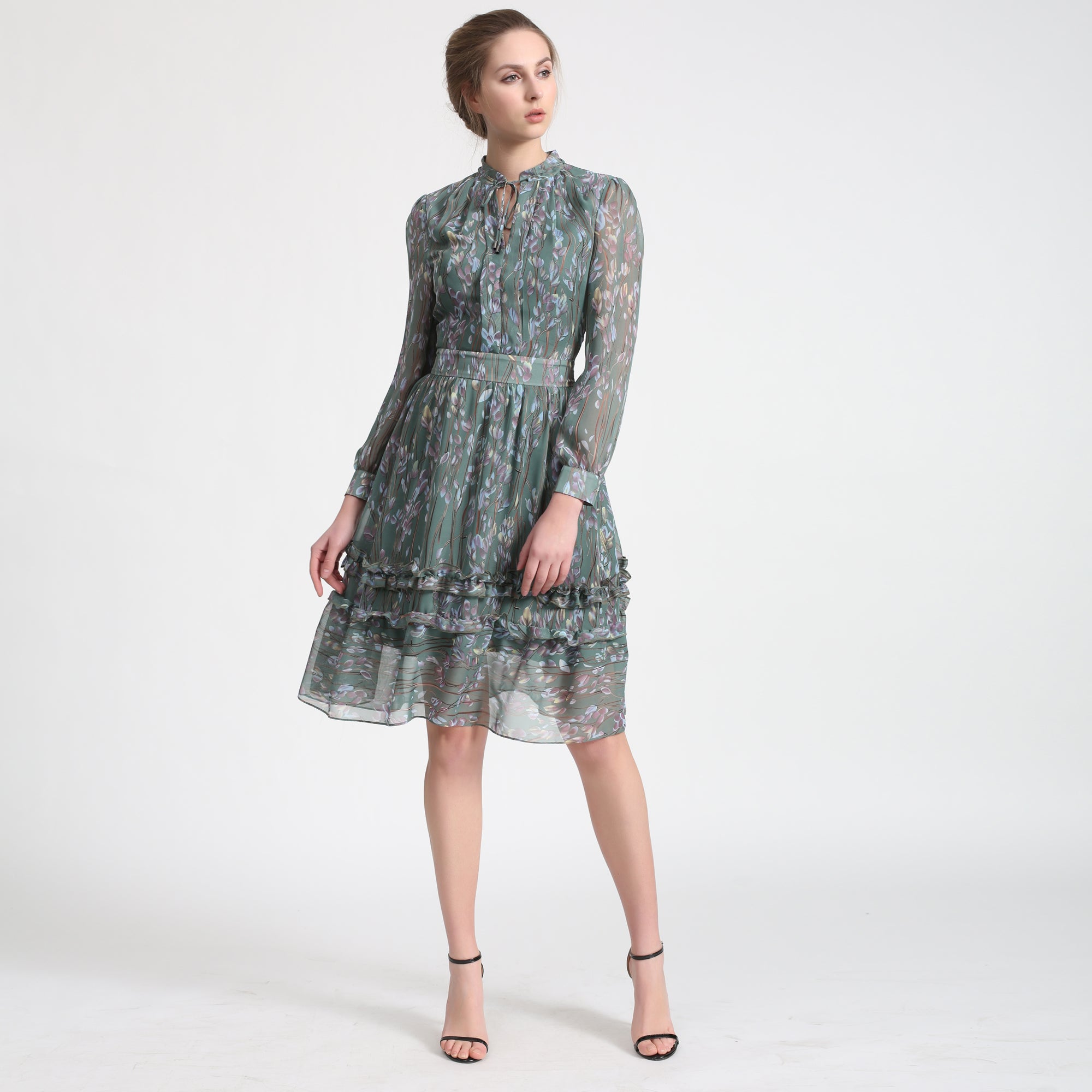 Robe-blouse évasée mi-longue imprimé feuille