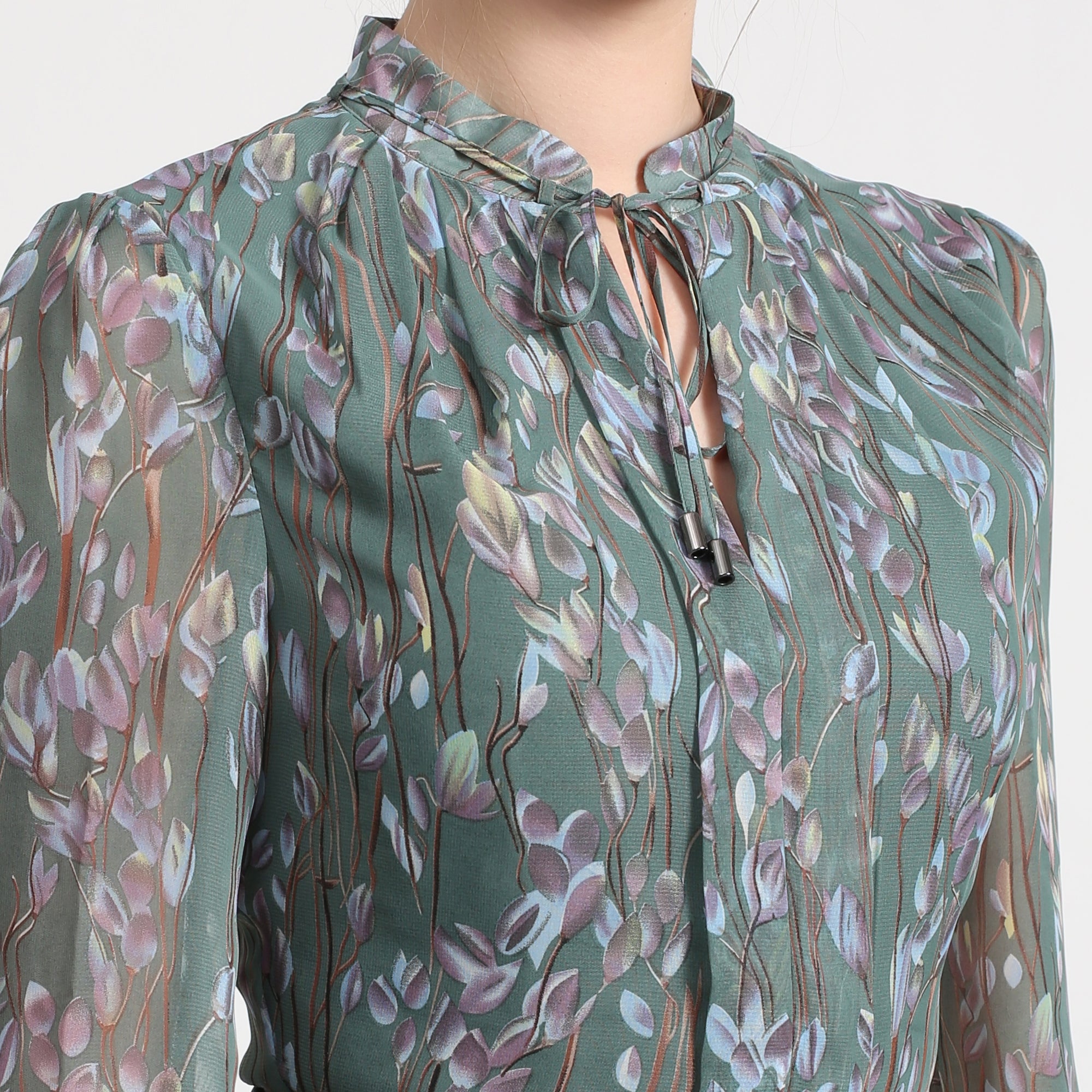 Robe-blouse évasée mi-longue imprimé feuille