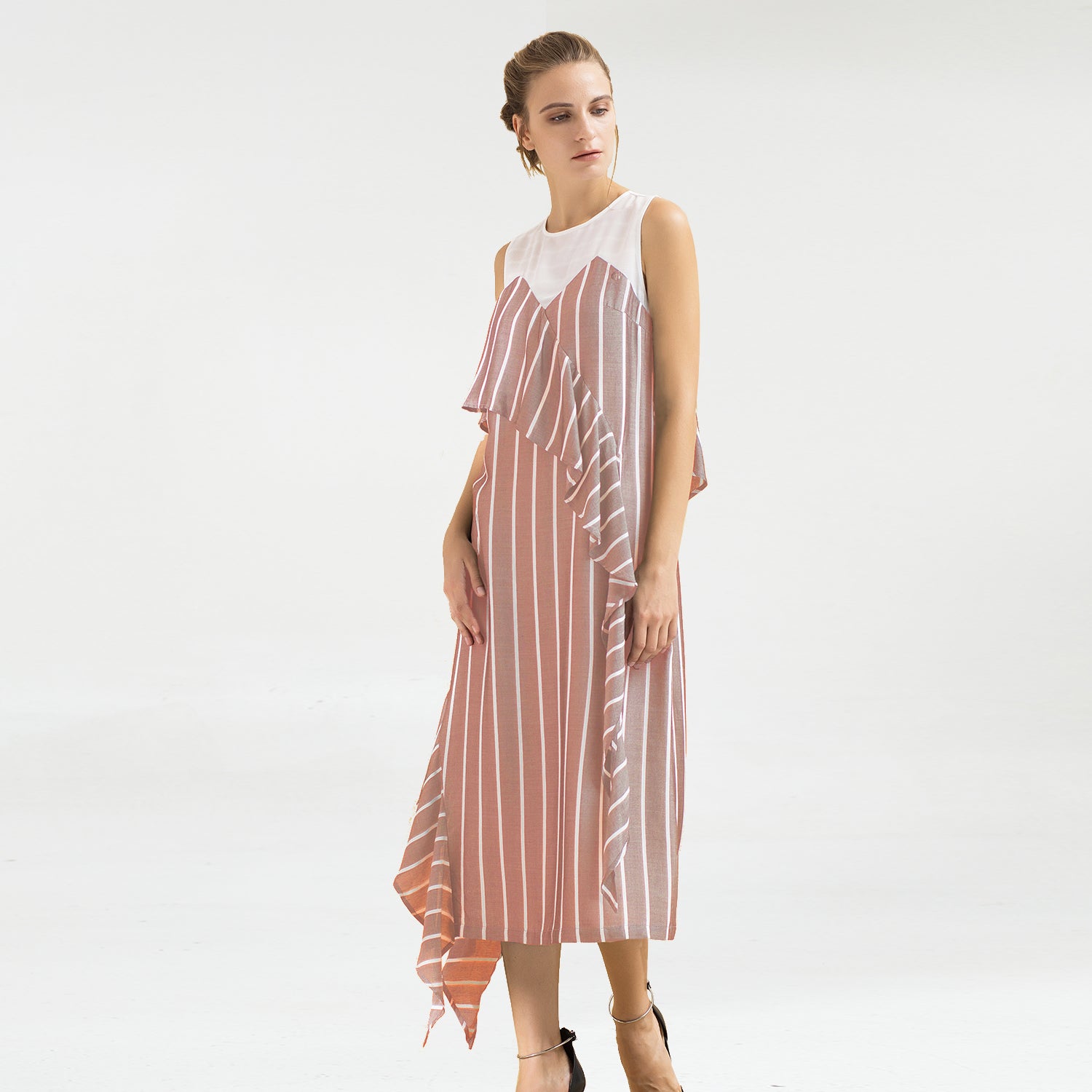 Robe midi asymétrique à rayures bi-matière
