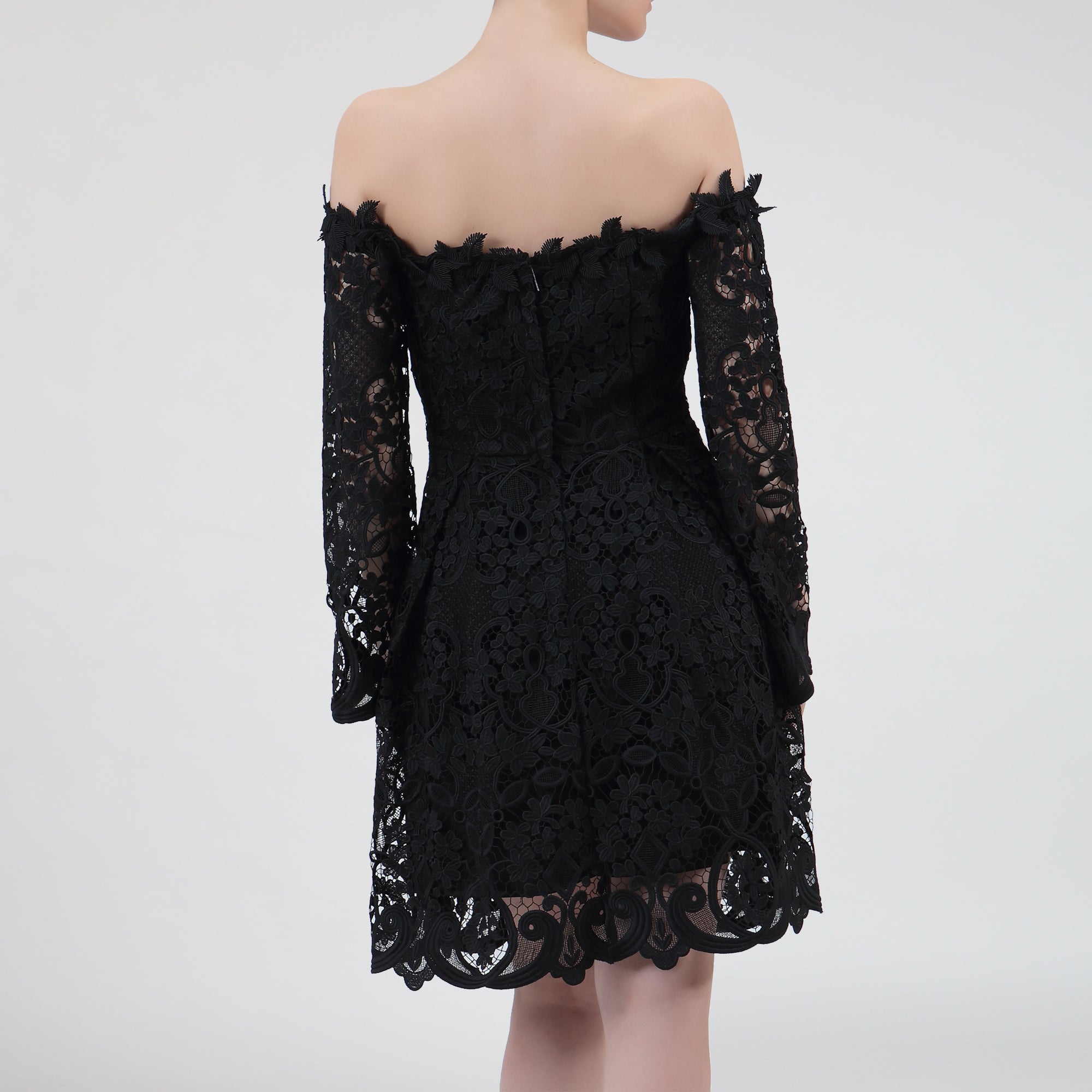Robe en dentelle ajustée et évasée à épaules dénudées