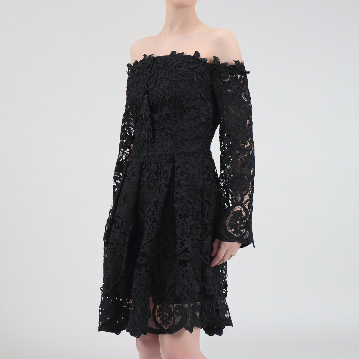 Robe en dentelle ajustée et évasée épaules dénudées