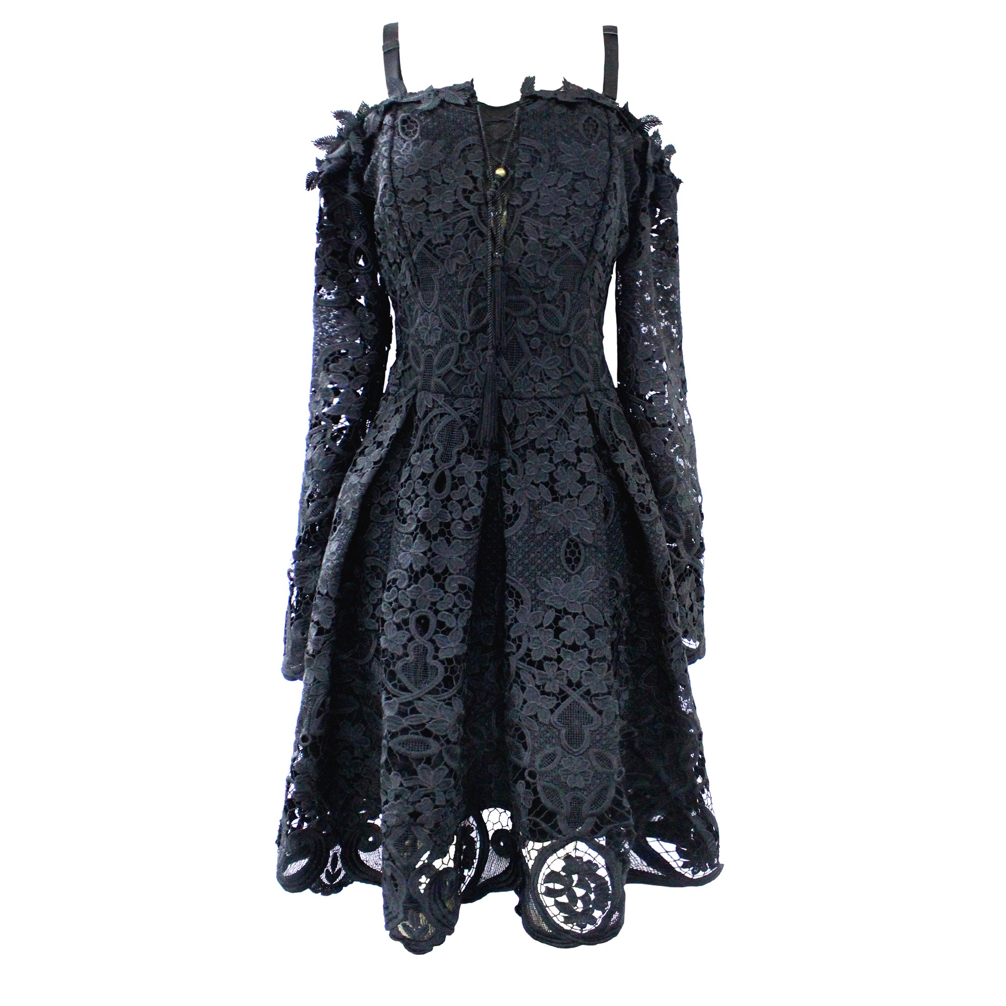 Robe en dentelle ajustée et évasée à épaules dénudées