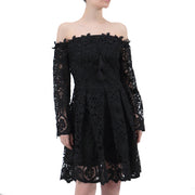 Robe en dentelle ajustée et évasée à épaules dénudées