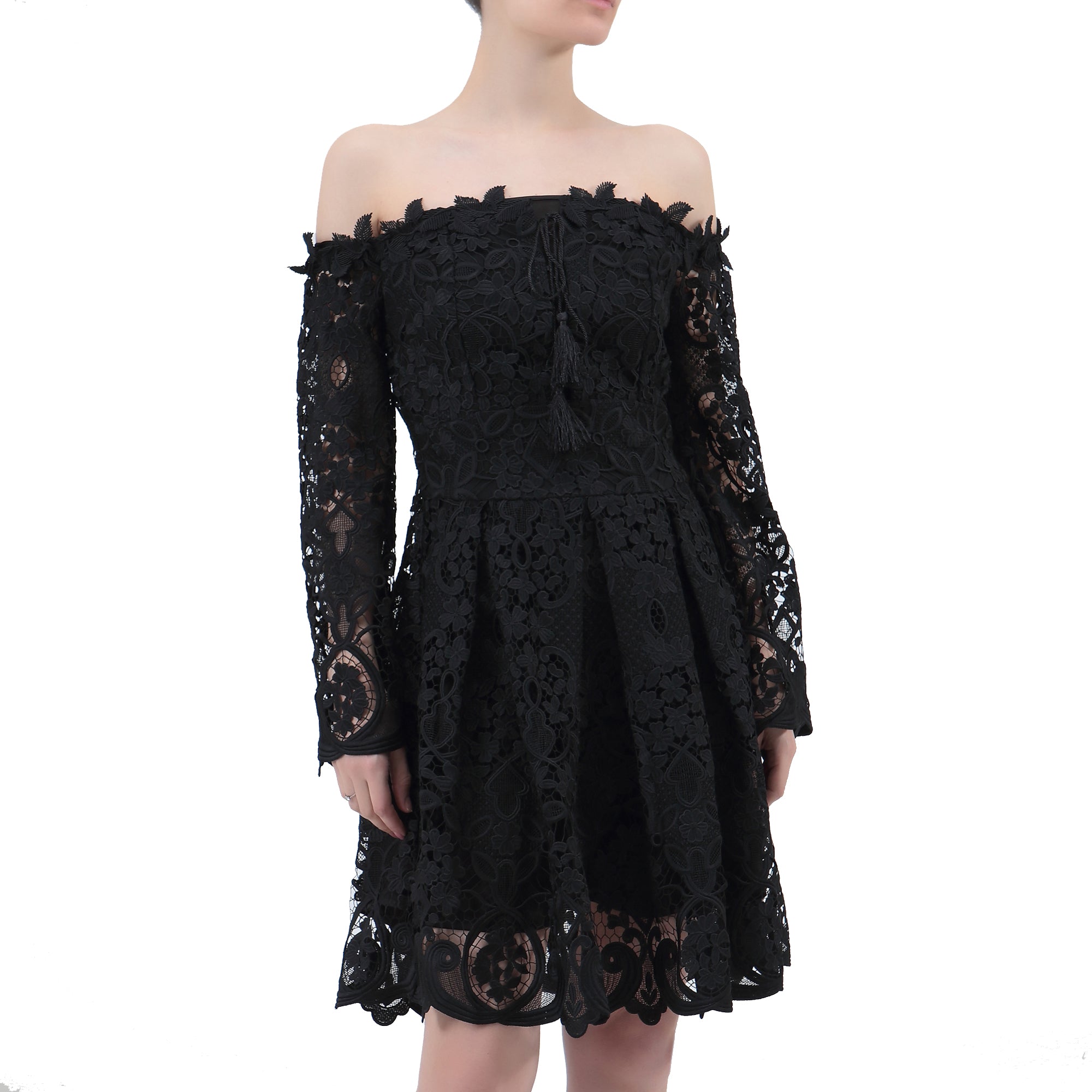 Robe en dentelle ajustée et évasée à épaules dénudées