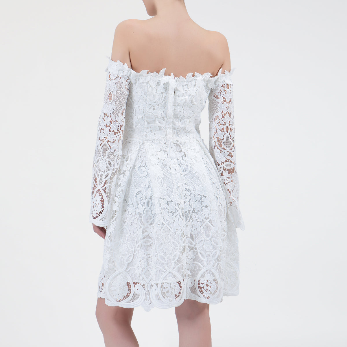 Robe en dentelle ajustée et évasée à épaules dénudées