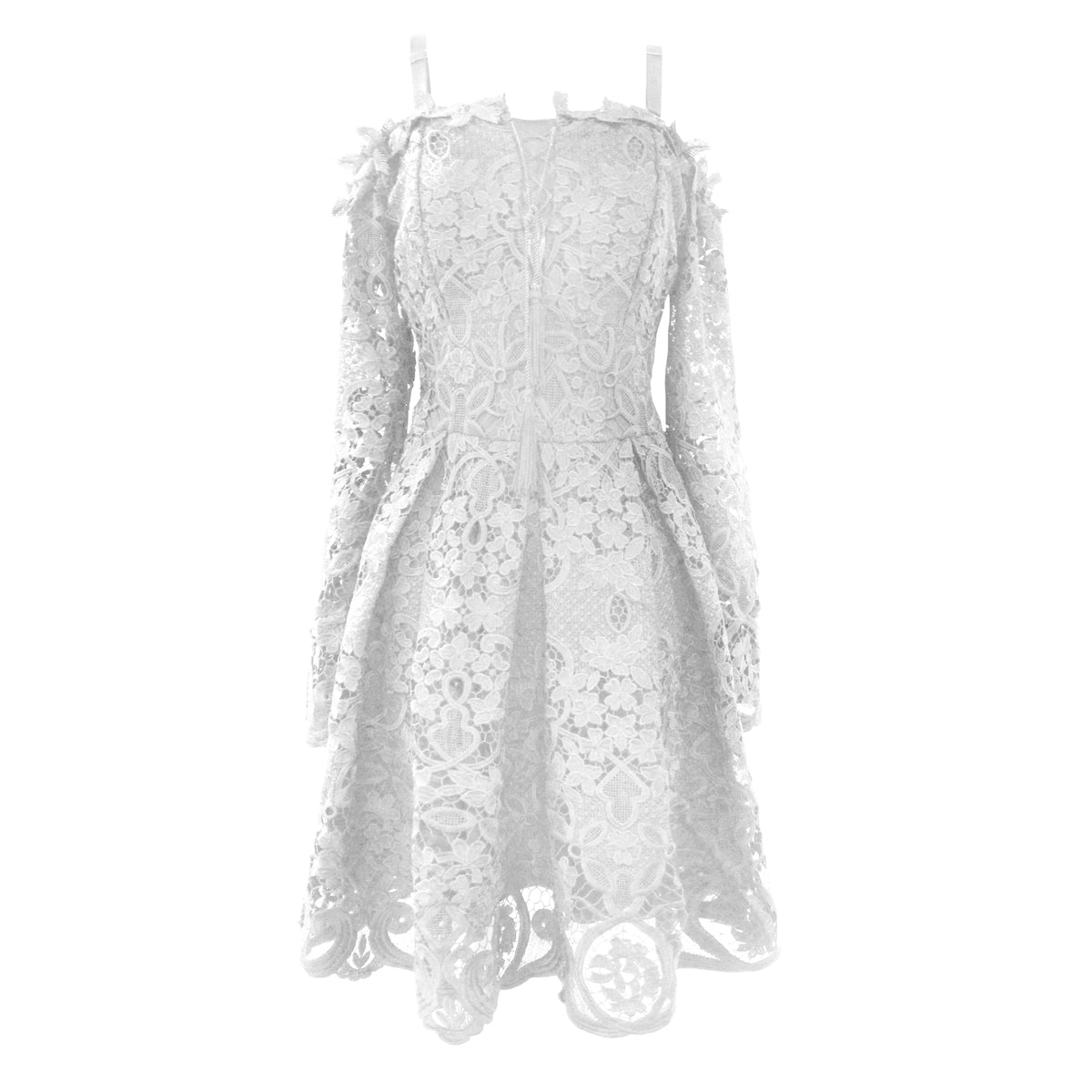 Robe en dentelle ajustée et évasée à épaules dénudées