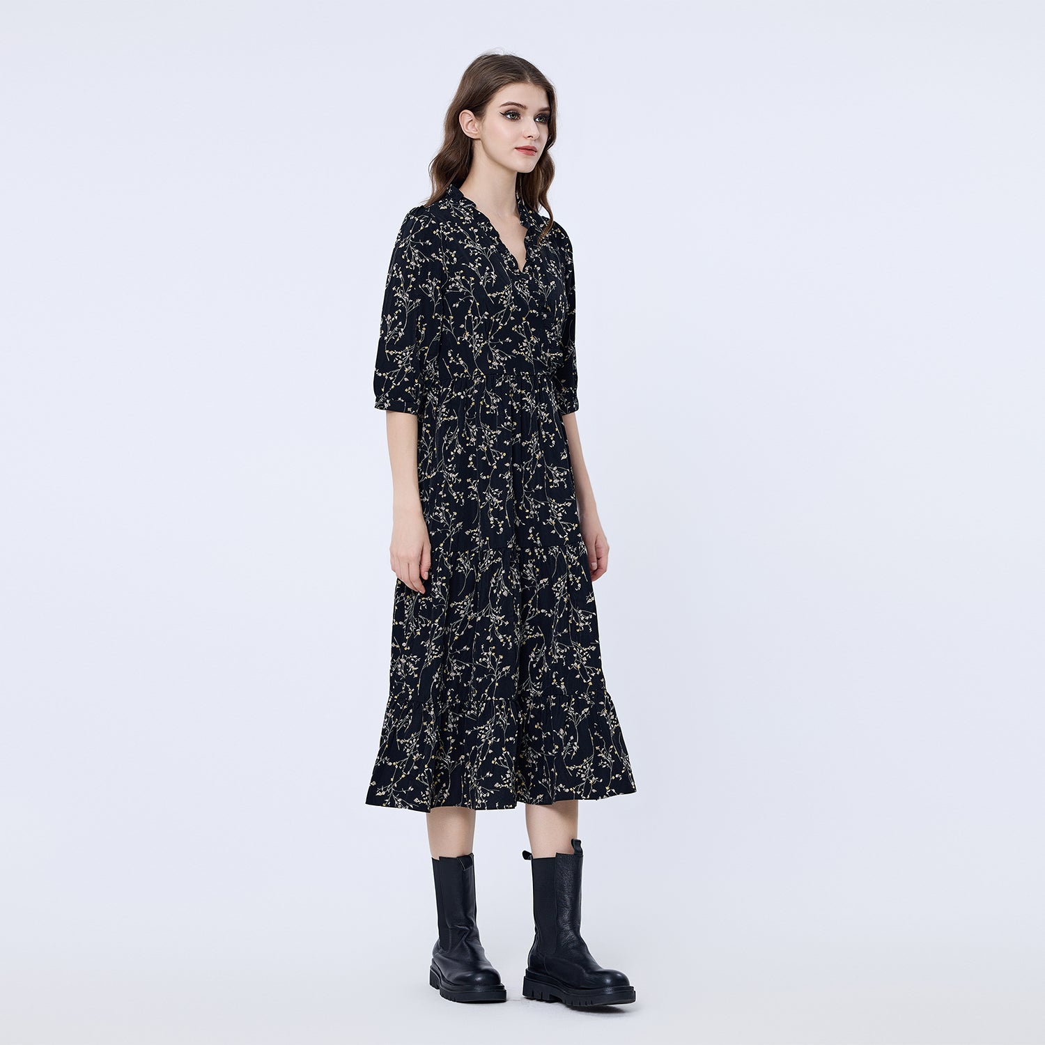 Robe cœur croisé imprimée à encolure volantée