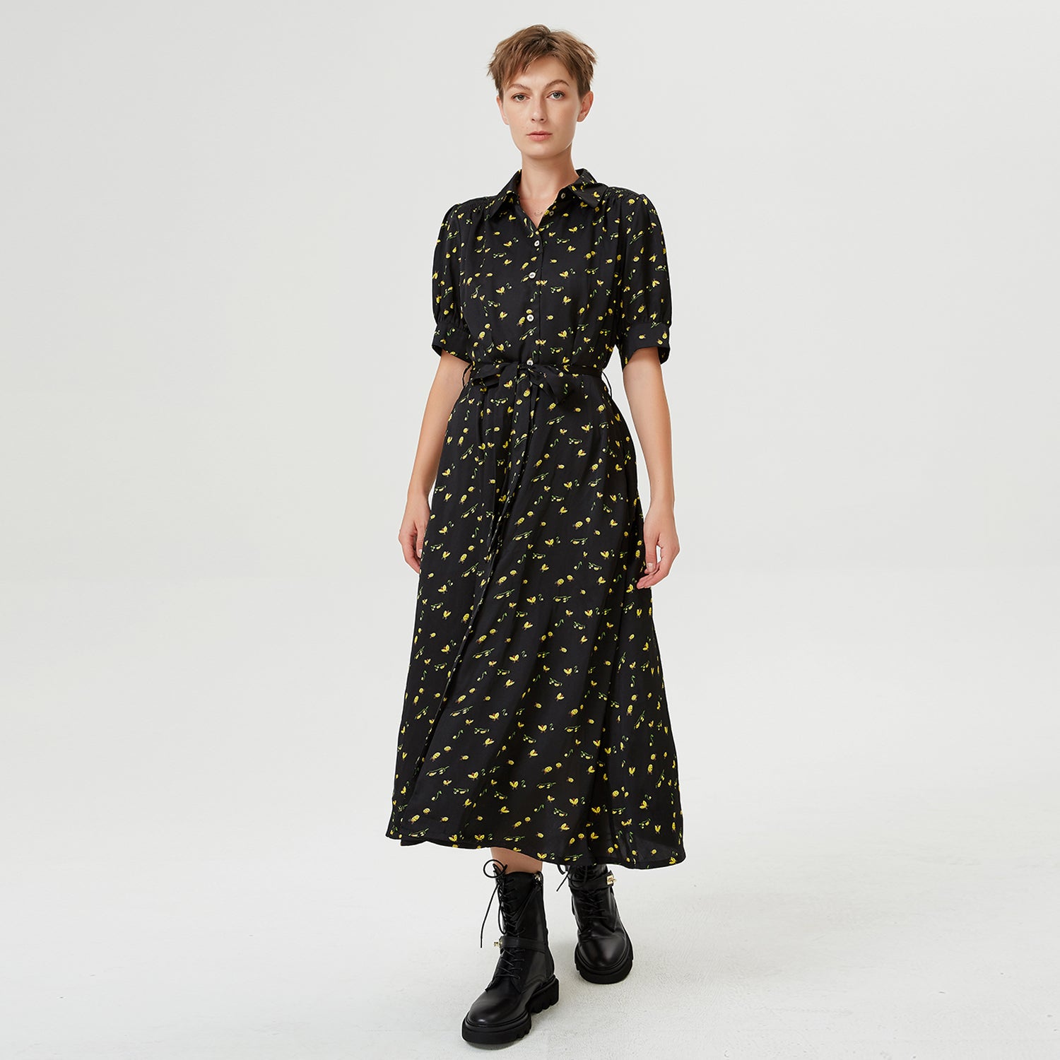Robe chemise à manches bouffantes et imprimé coccinelles
