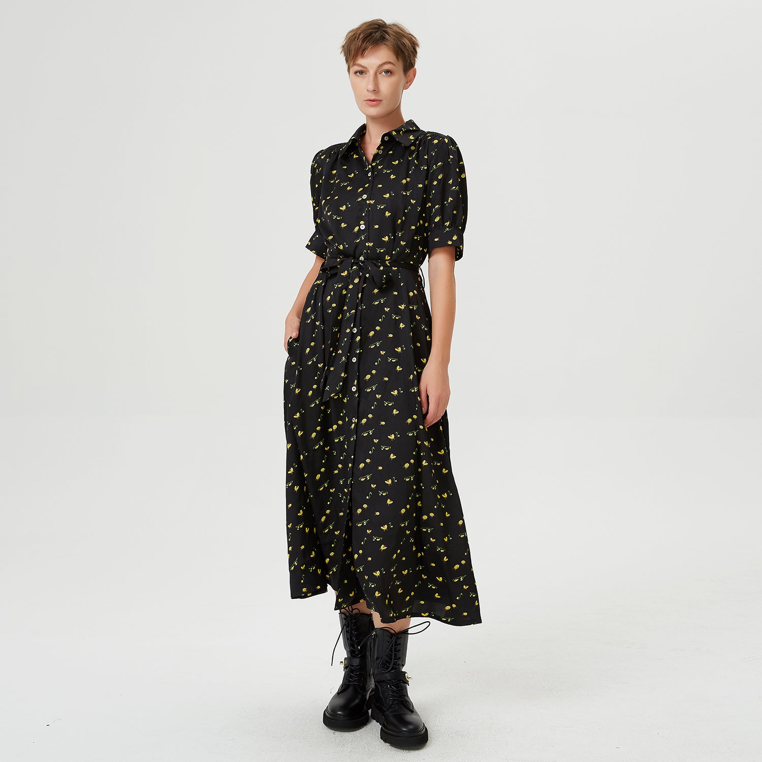 Robe chemise à manches bouffantes et imprimé coccinelles