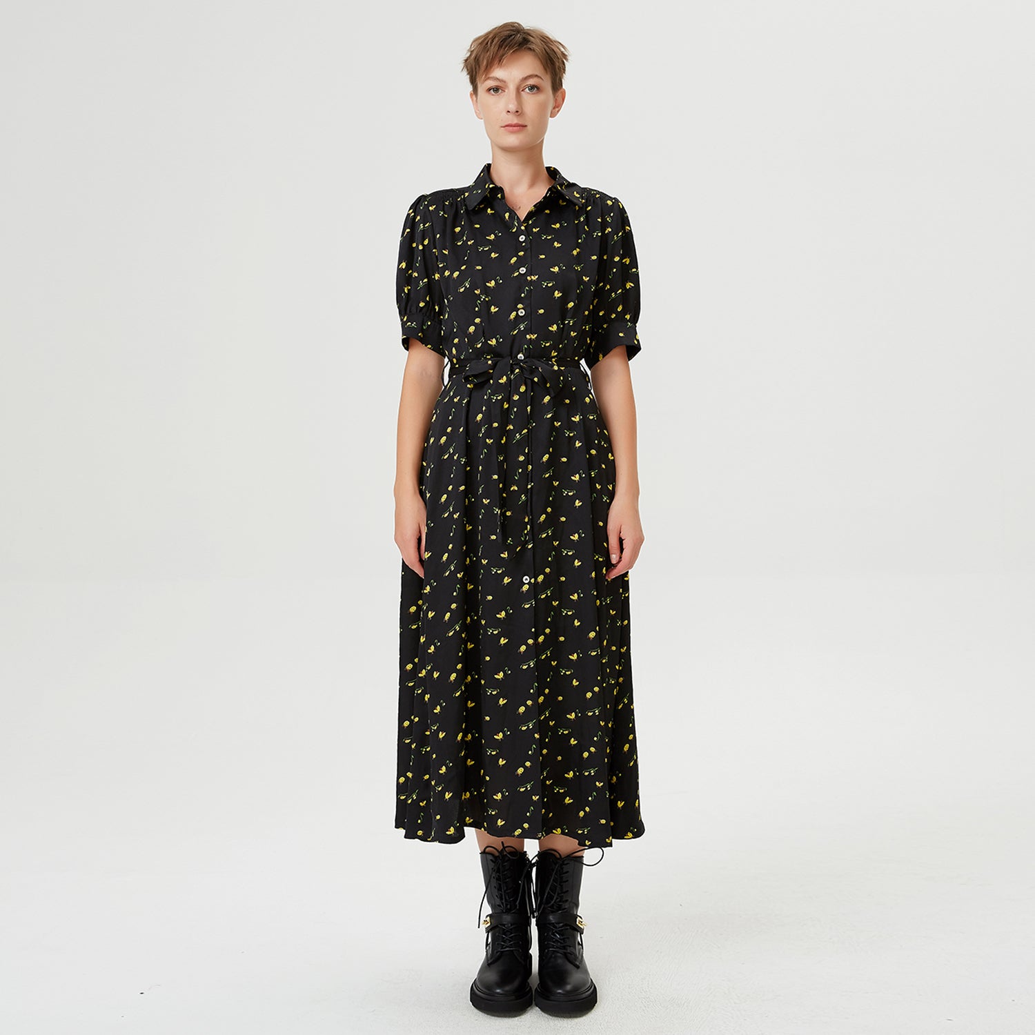 Robe chemise à manches bouffantes et imprimé coccinelles