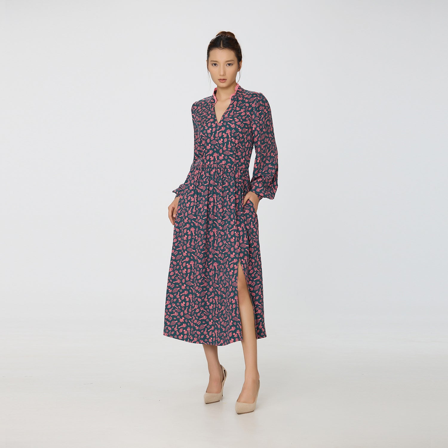 Robe chemisier à col V et imprimé Liberty