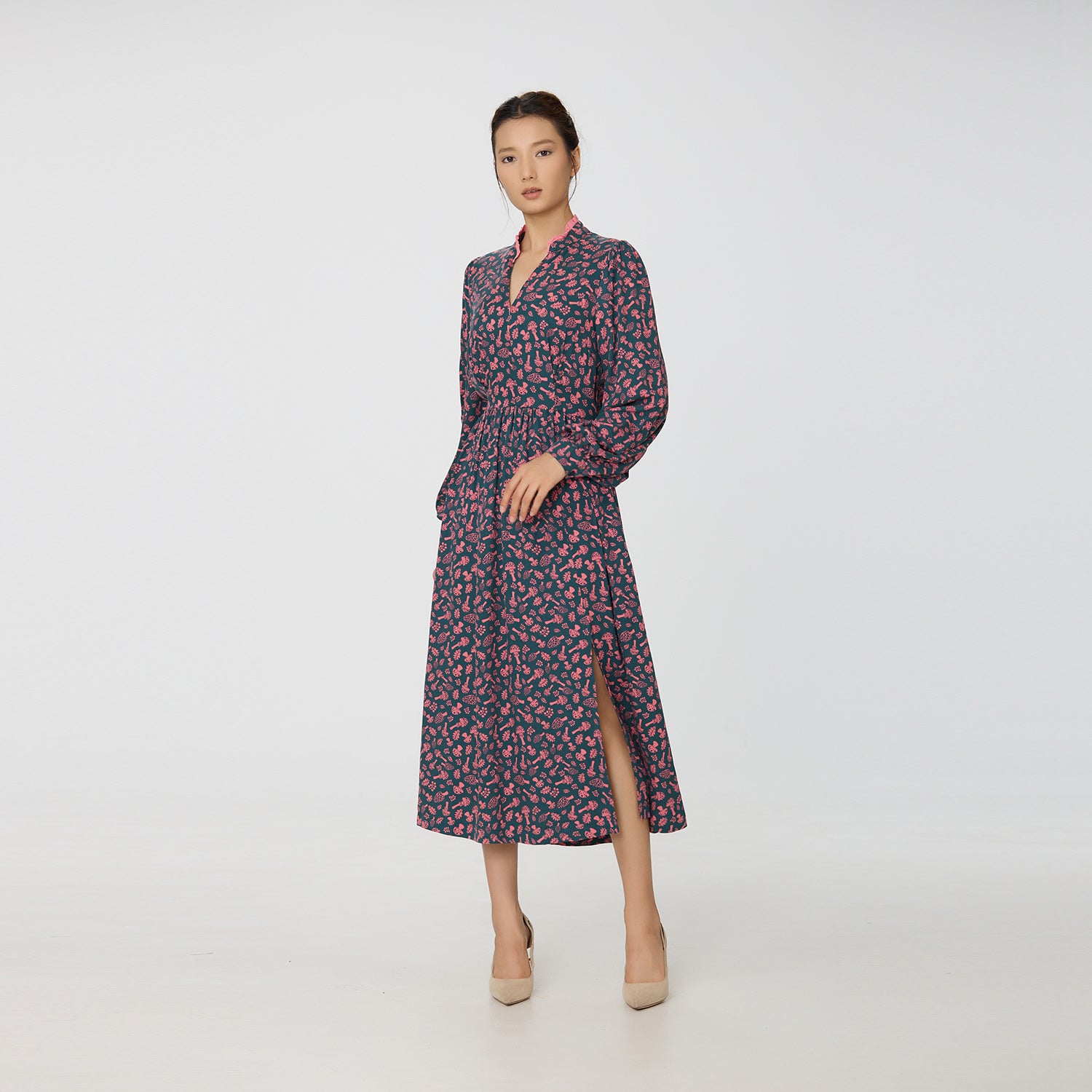 Robe chemisier à col V et imprimé Liberty
