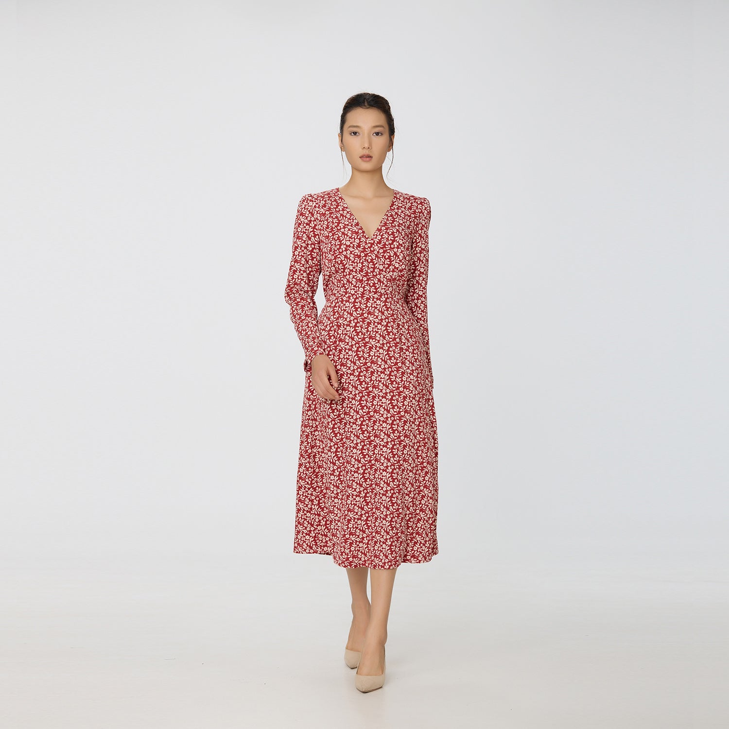 Robe col V à imprimé Liberty monochrome