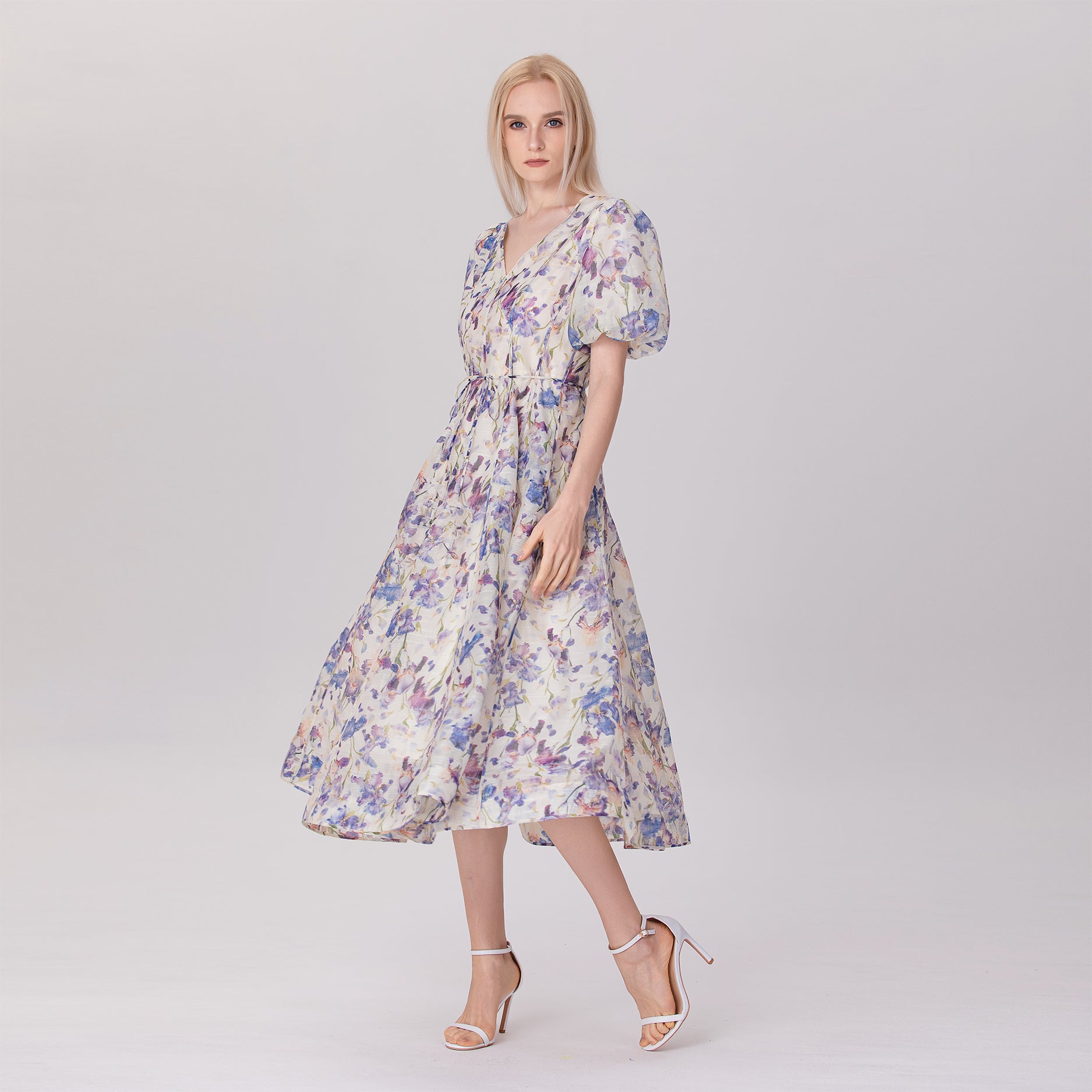 Robe organza midi à manches bouffantes et à motif floral