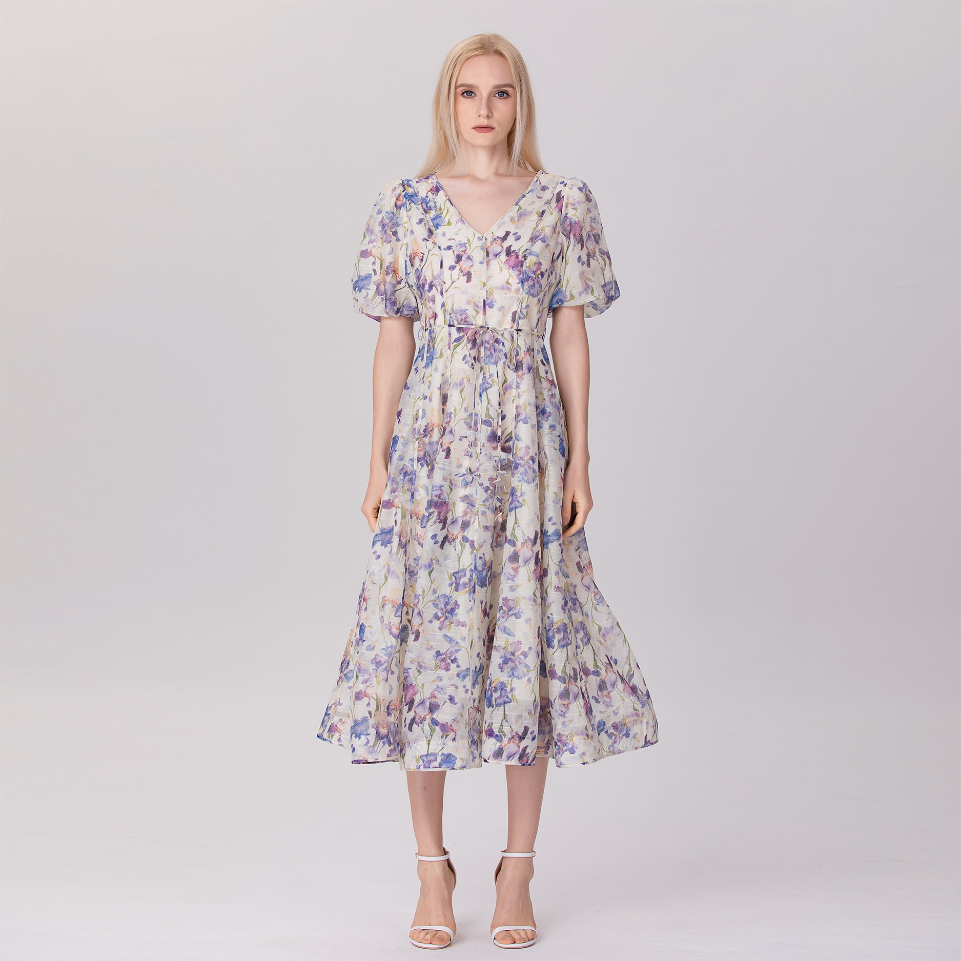 Robe organza midi à manches bouffantes et à motif floral
