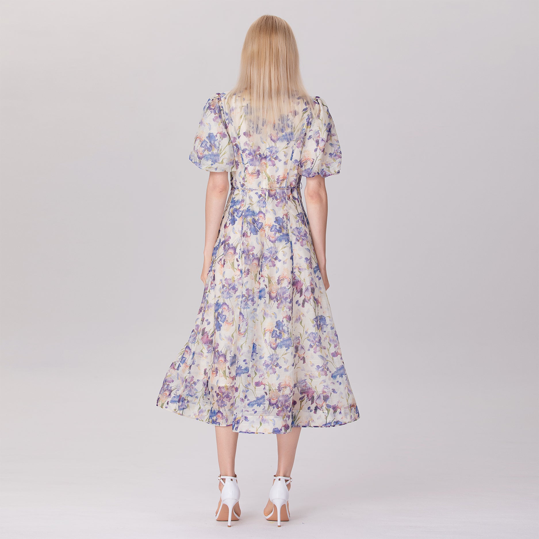 Robe organza midi à manches bouffantes et à motif floral