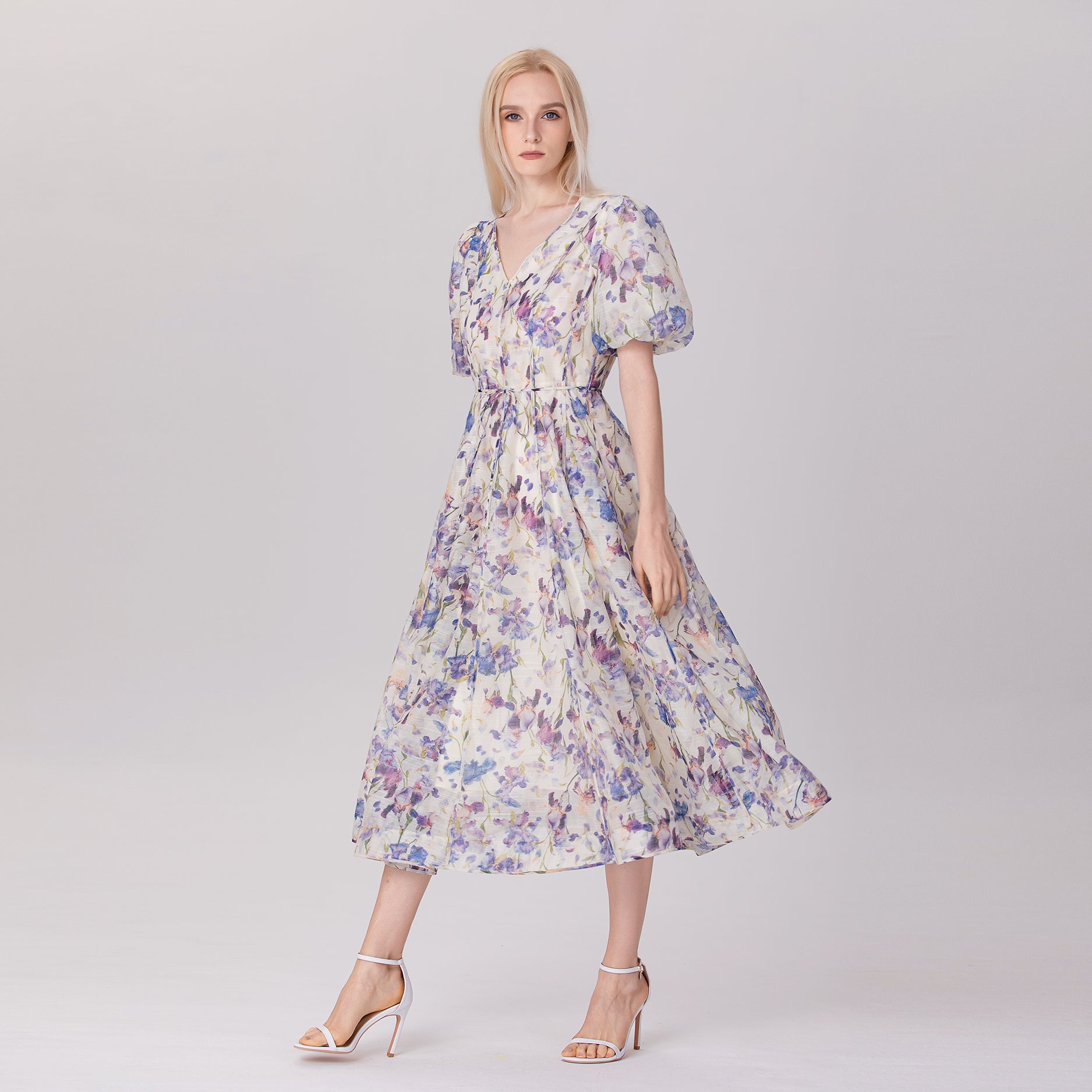 Robe organza midi à manches bouffantes et à motif floral