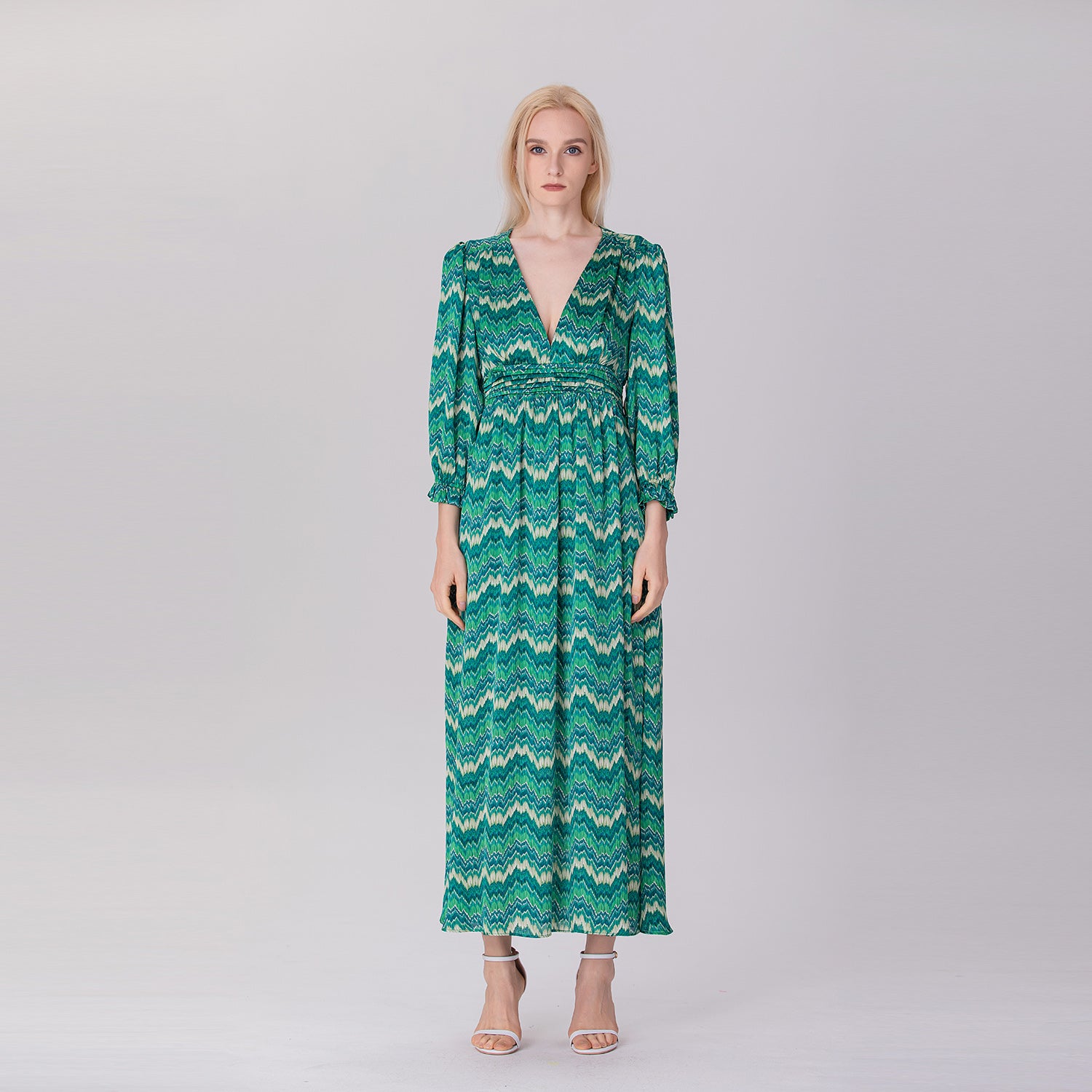 Robe longue imprimée en Col V & manches longues