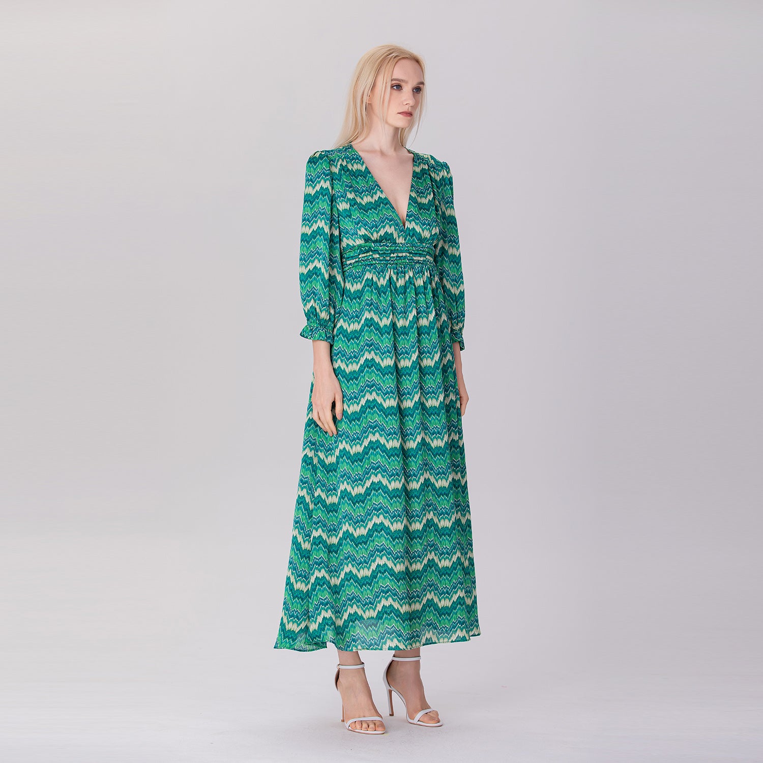 Robe longue imprimée en Col V & manches longues