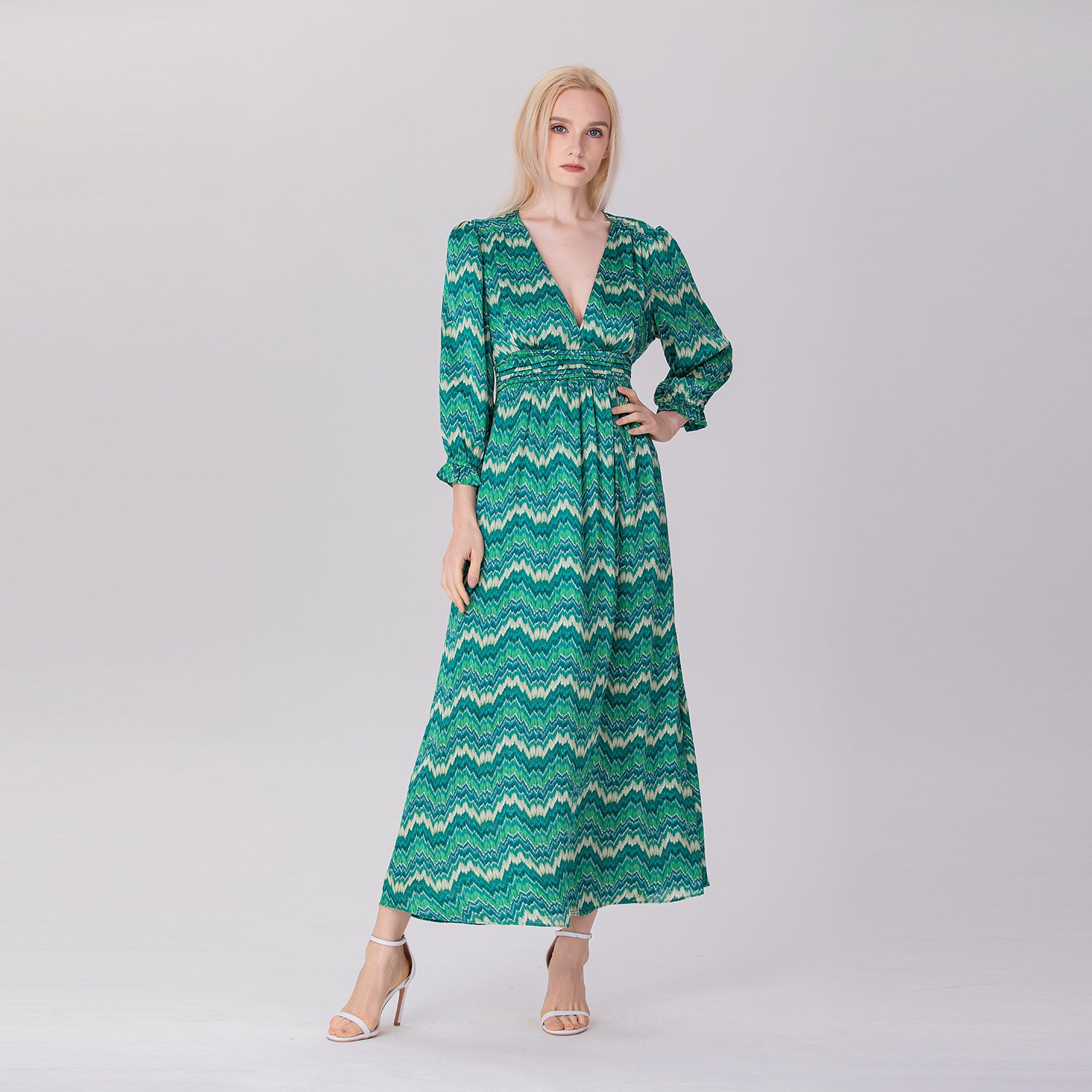 Robe longue imprimée en Col V & manches longues