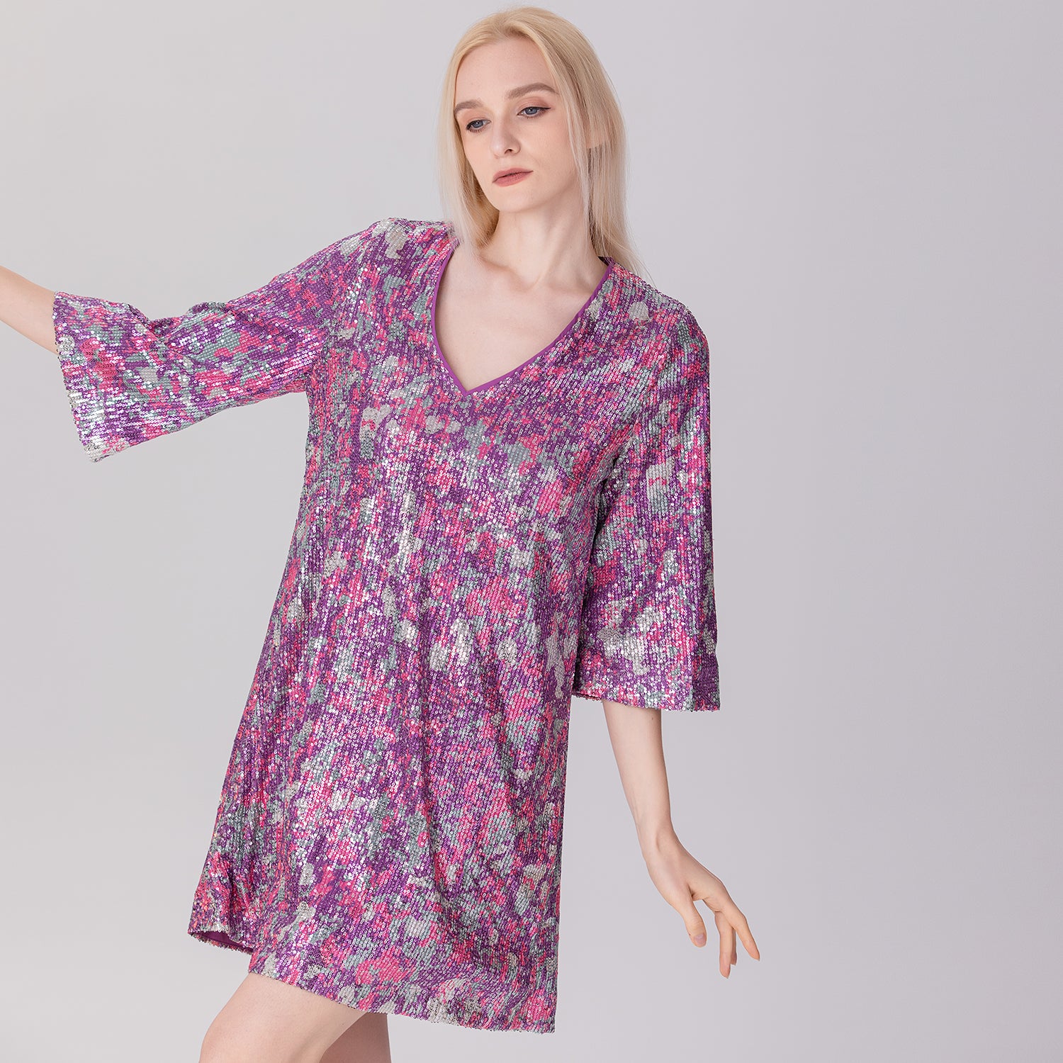Robe tunique à paillettes et manches mi-longues
