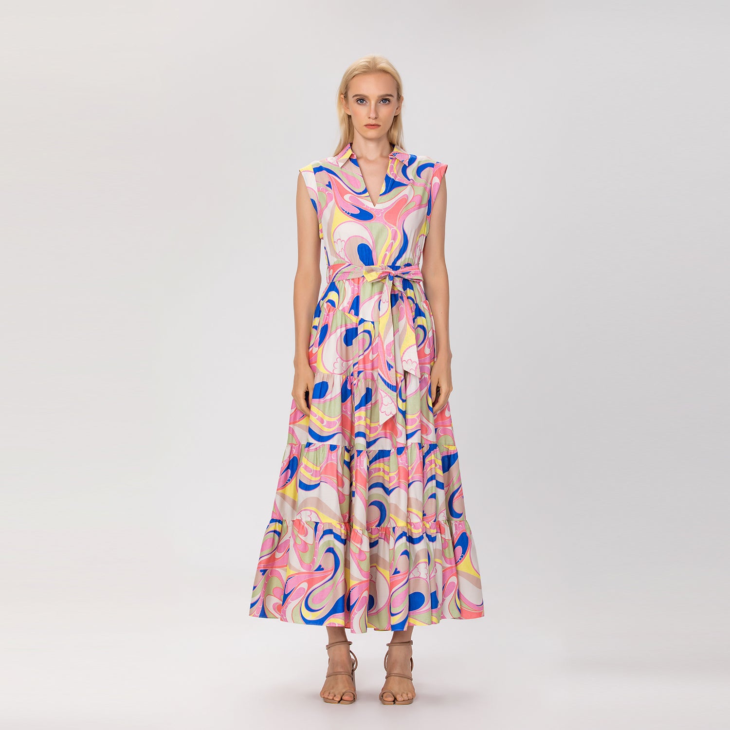 Robe longue évasée en coton imprimé avec ceinture